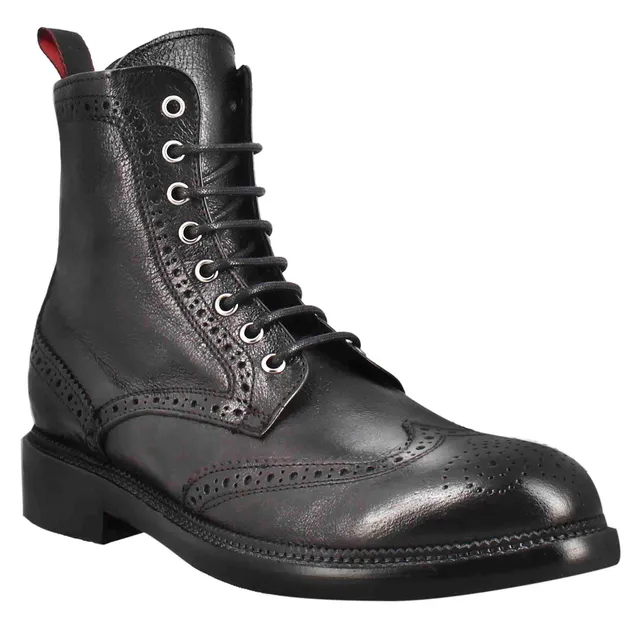 Leonardo Shoes Stivaletti Uomo Anfibi Candy Pelle Nero Brogue