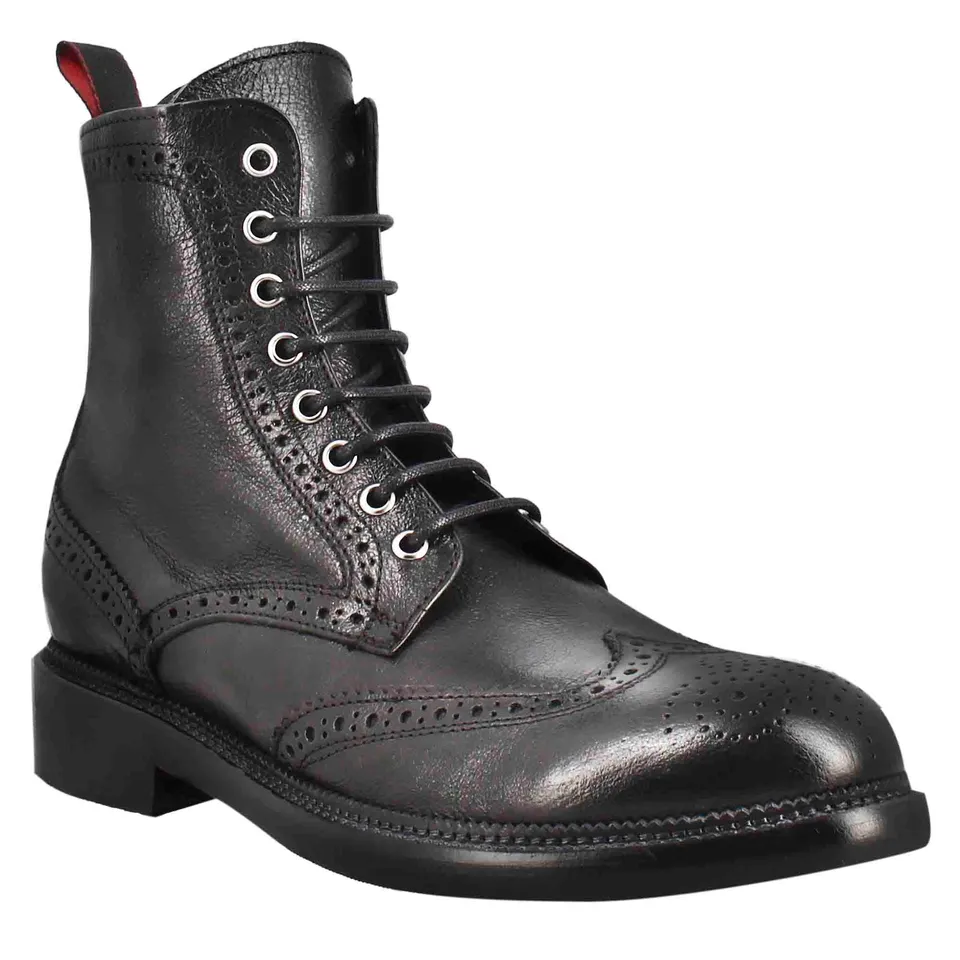 Leonardo Shoes Stivaletti Uomo Anfibi Candy Pelle Nero Brogue