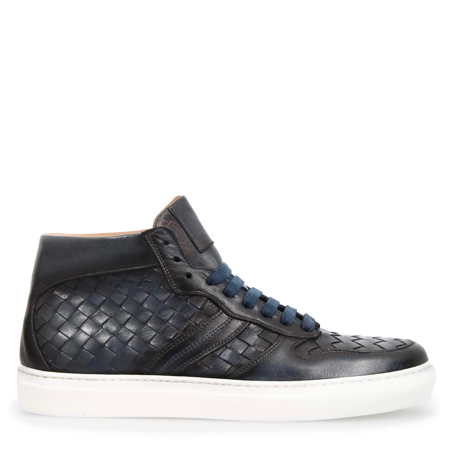 Leonardo Domizio sneakers alte uomo pelle blu intrecciata