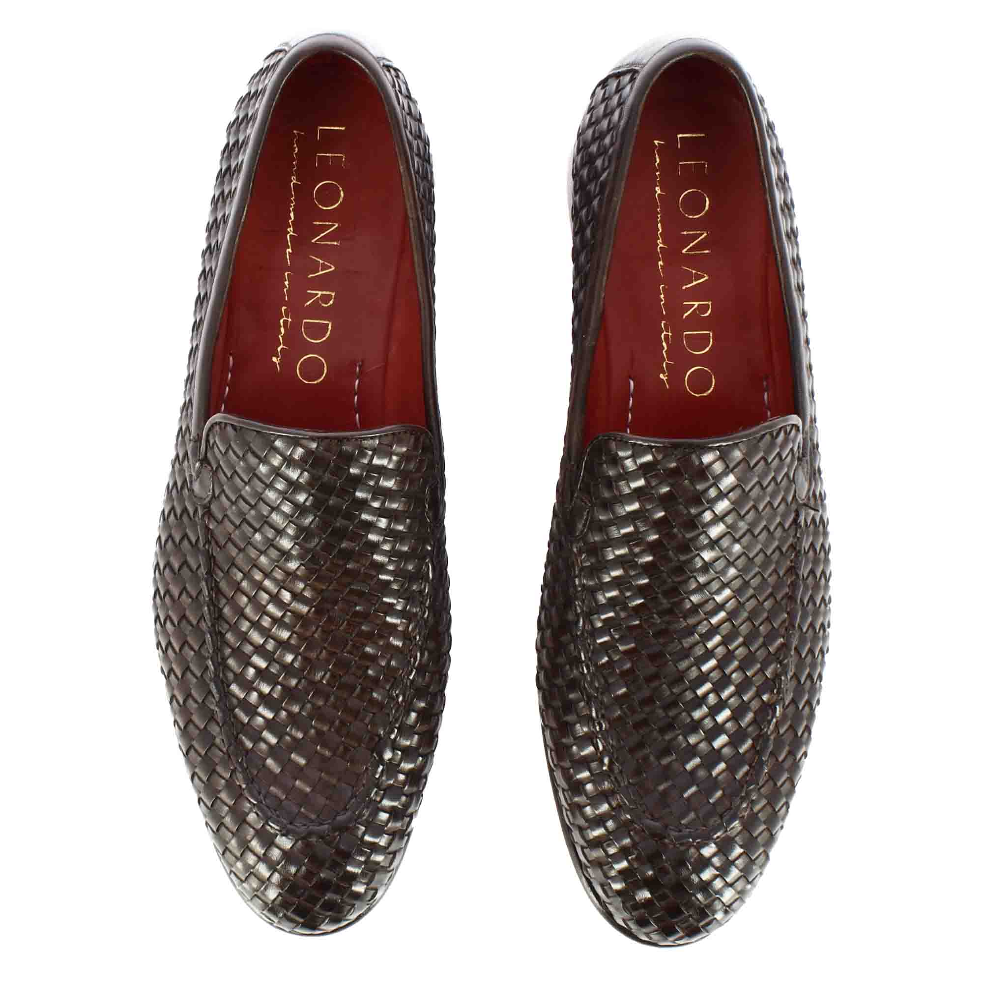 Leonardo Shoes Mocassini Uomo pelle intrecciata marrone scuro