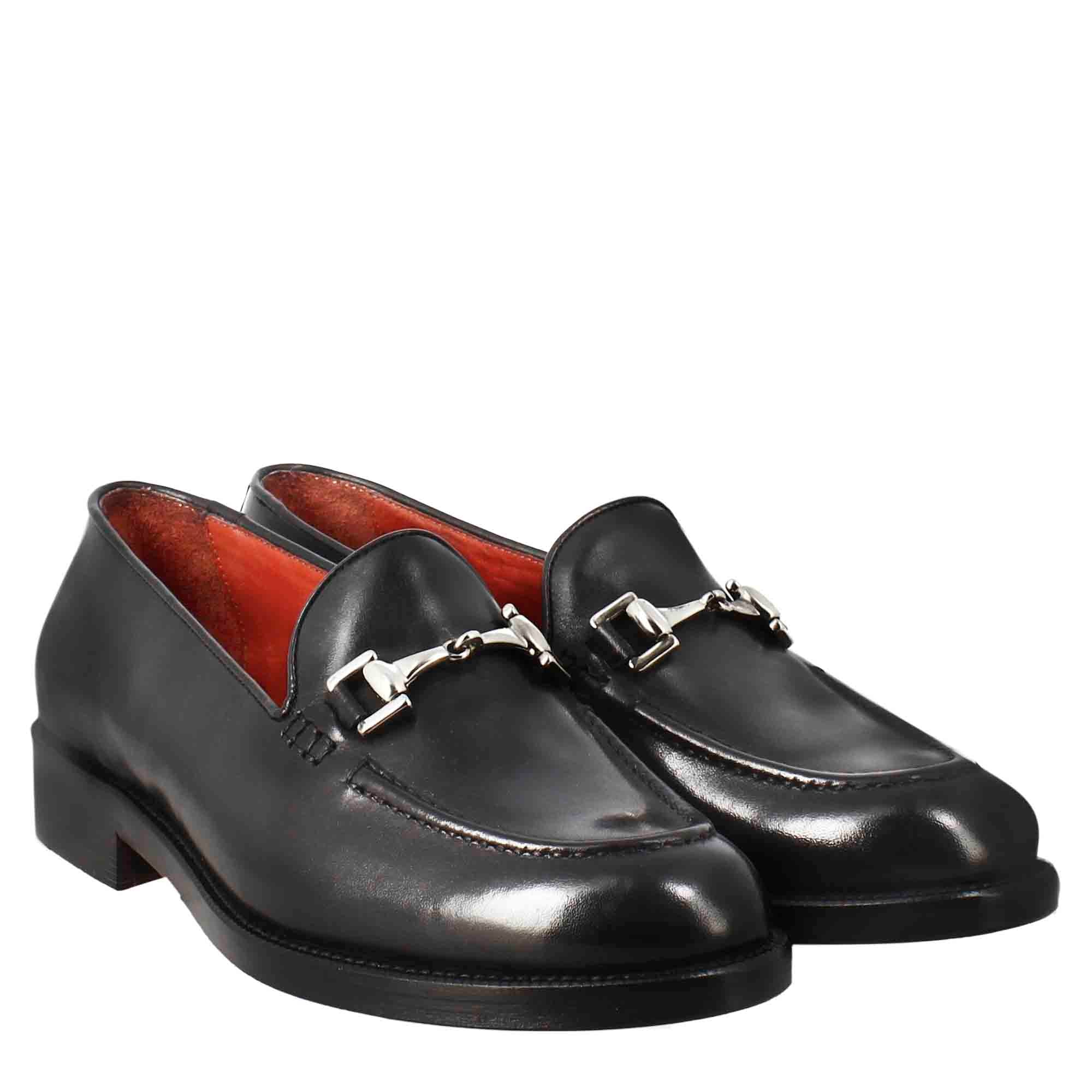 Leonardo Shoes mocassini donna nero pelle fibbia artigianali