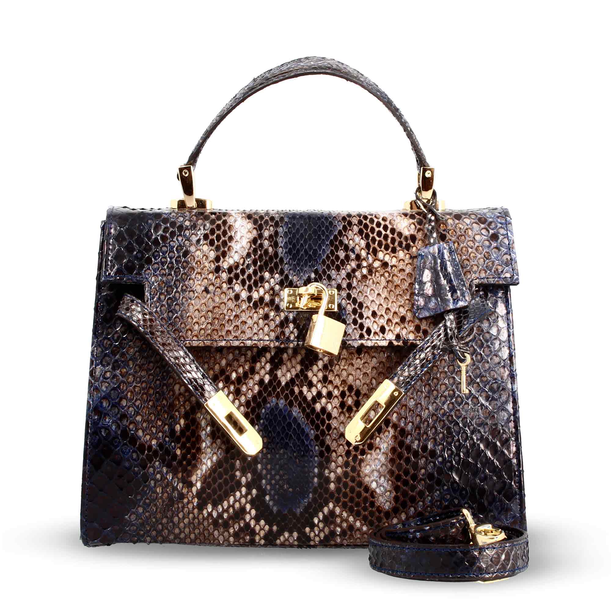 Leonardo Shoes Borsa Mano Donna Pitone Blu Tracolla Grande