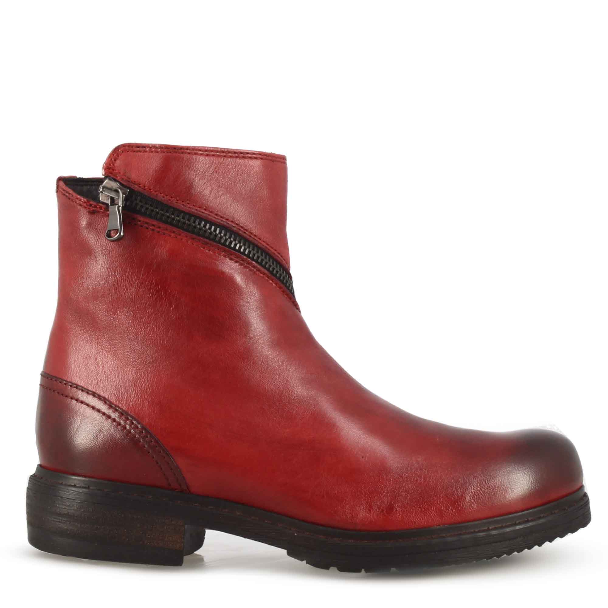Leonardo Shoes Stivaletto Donna Pelle Rosso Cerniera Asimmetrica