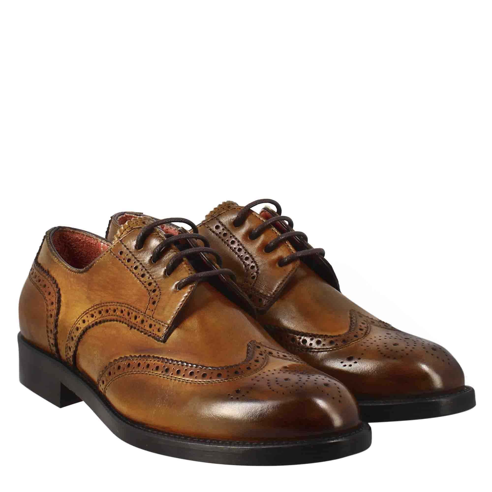 Leonardo Shoes Derby Brogue Donna Pelle Marrone Chiaro Stringate