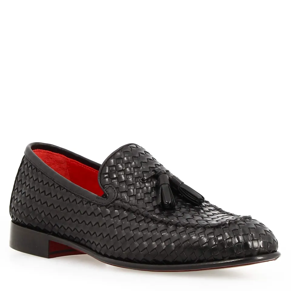 Leonardo Shoes Novello Int Nero mocassini uomo pelle intrecciata