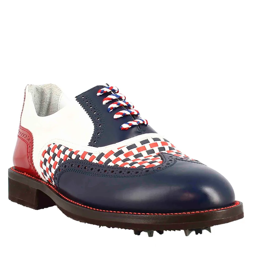 Leonardo Shoes Scarpe Golf Pelle Blu Brogue Tacchetti