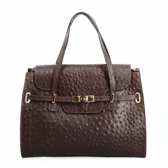 Leonardo Shoes Borsa Mano Pelle Marrone Scuro Struzzo Grande