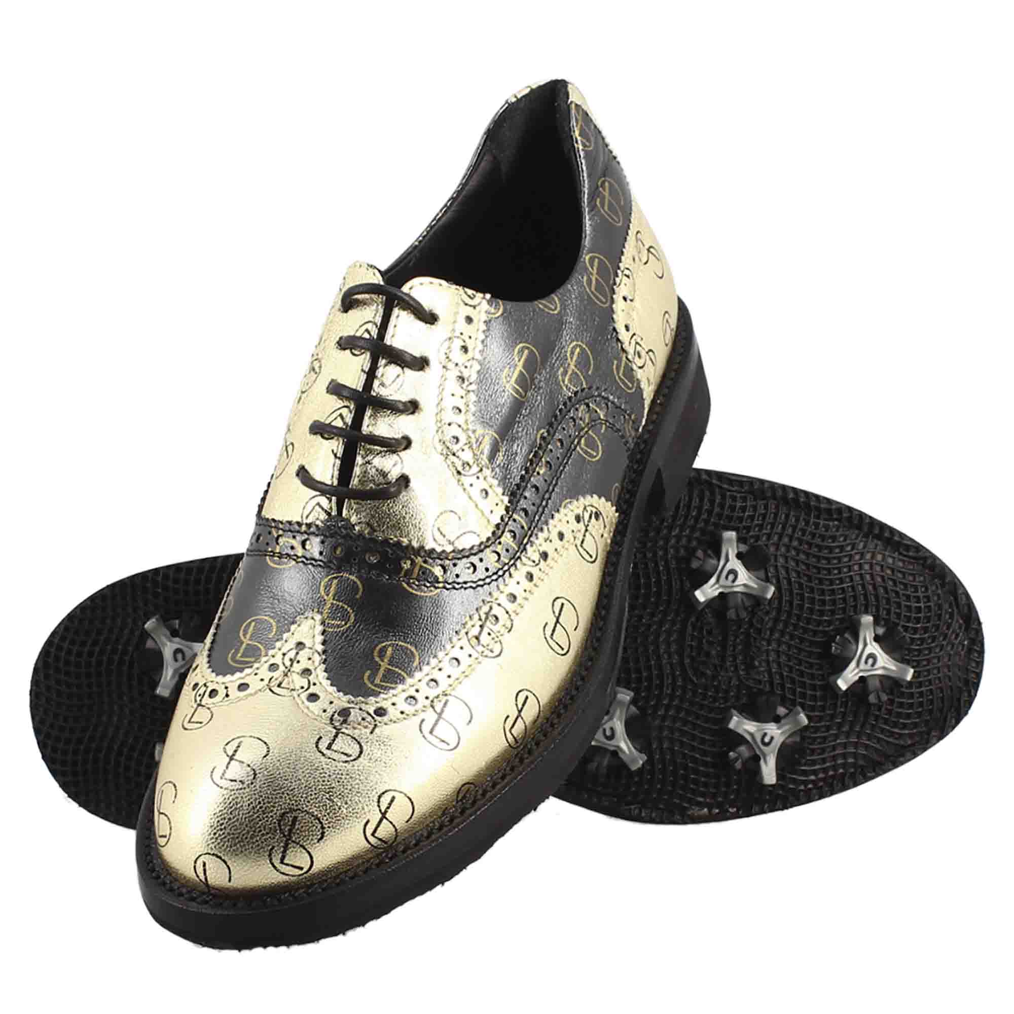 Leonardo Shoes Golf Calzature scarpe da golf nero oro pelle