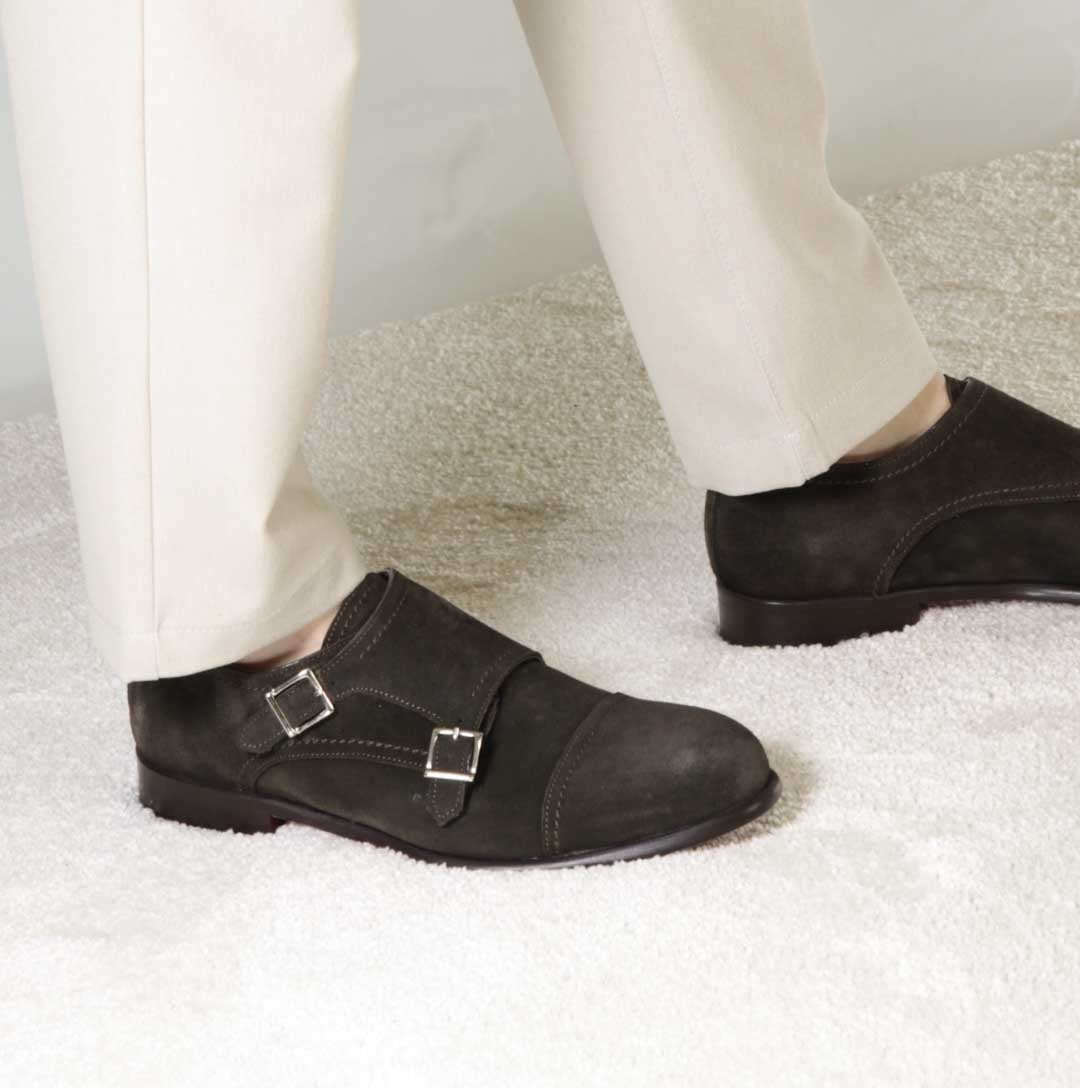 Leonardo Shoes Francesine Uomo Doppia Fibbia Marrone Scuro Camoscio
