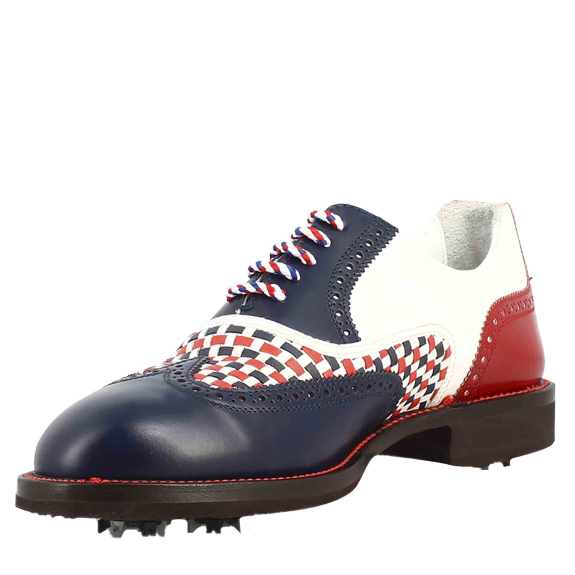 Leonardo Shoes Scarpe Golf Pelle Blu Brogue Tacchetti