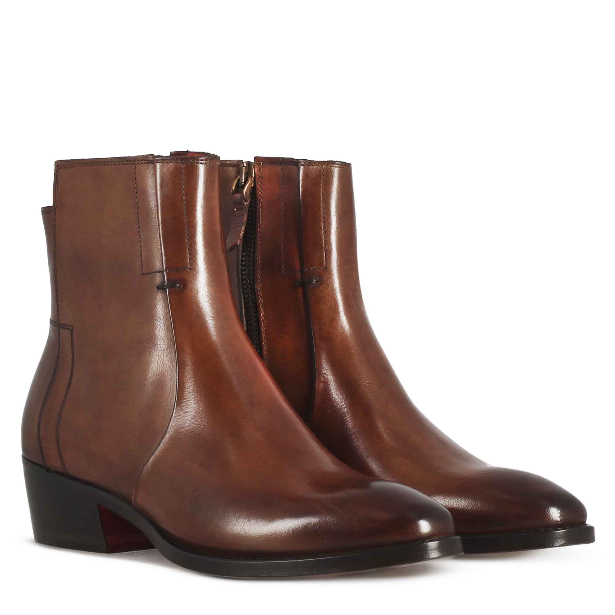 Leonardo Shoes stivaletto texano donna pelle marrone tacco 4 cm