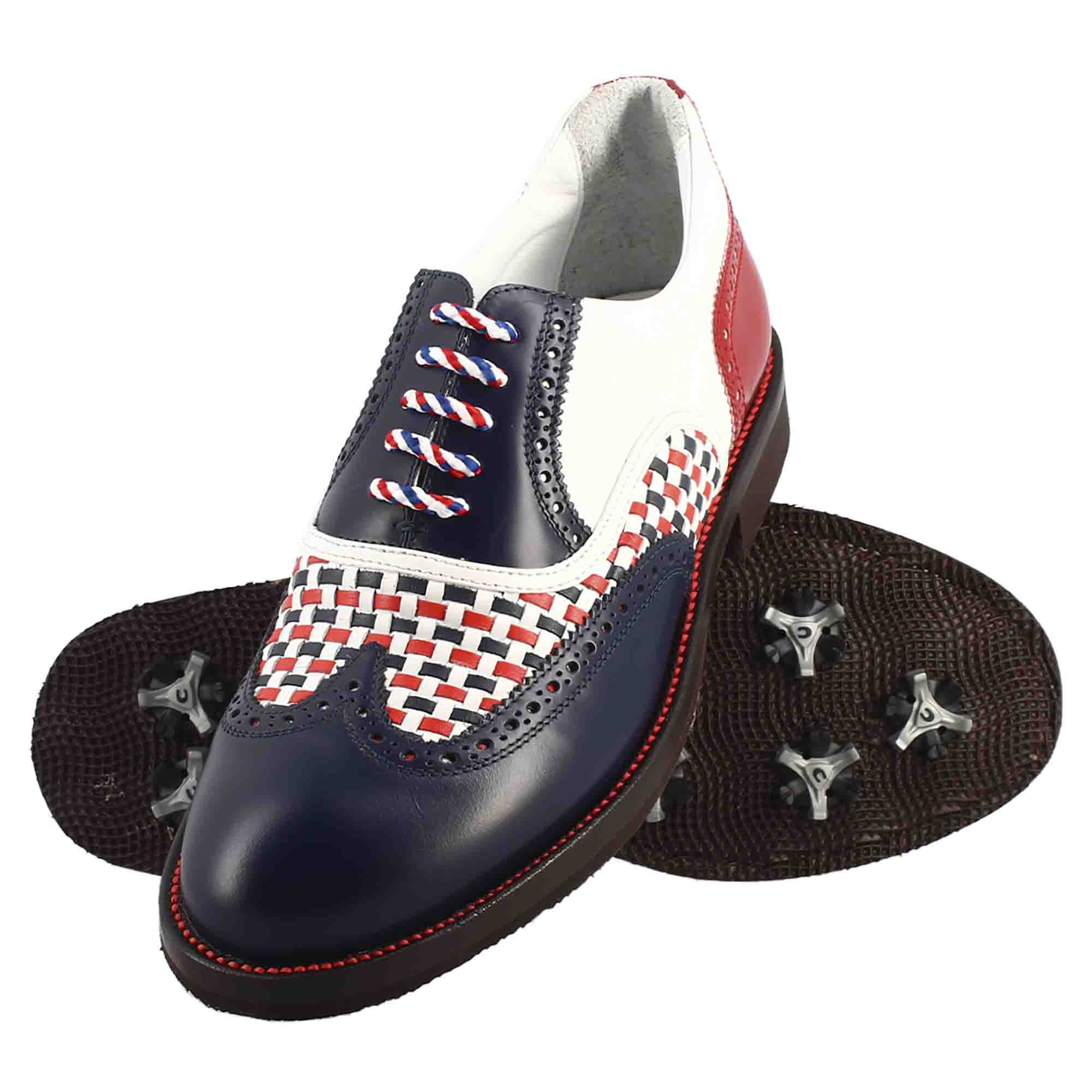 Leonardo Shoes Scarpe Golf Pelle Blu Brogue Tacchetti