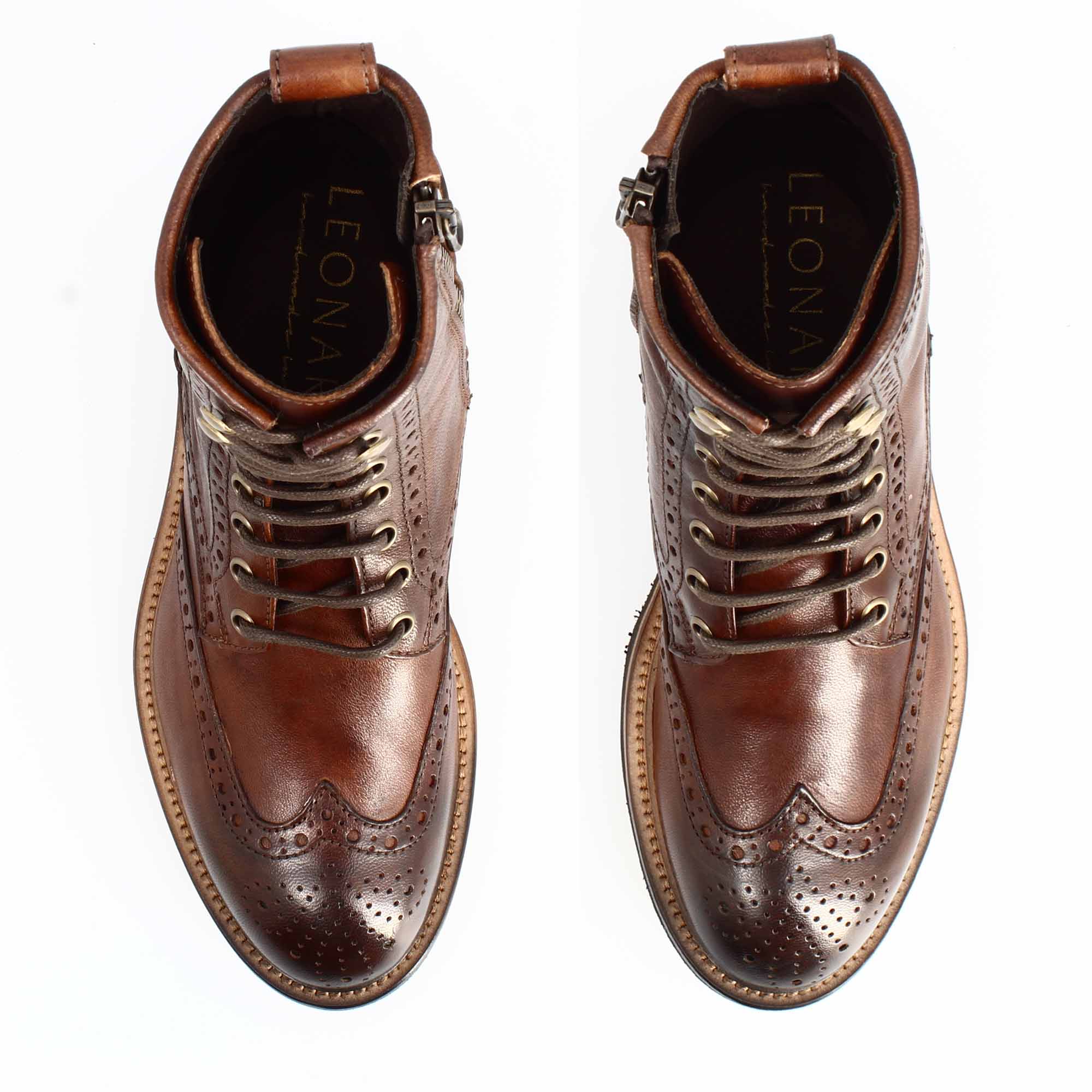 Leonardo Shoes Anfibio Donna Brogue Pelle Marrone Cuoio