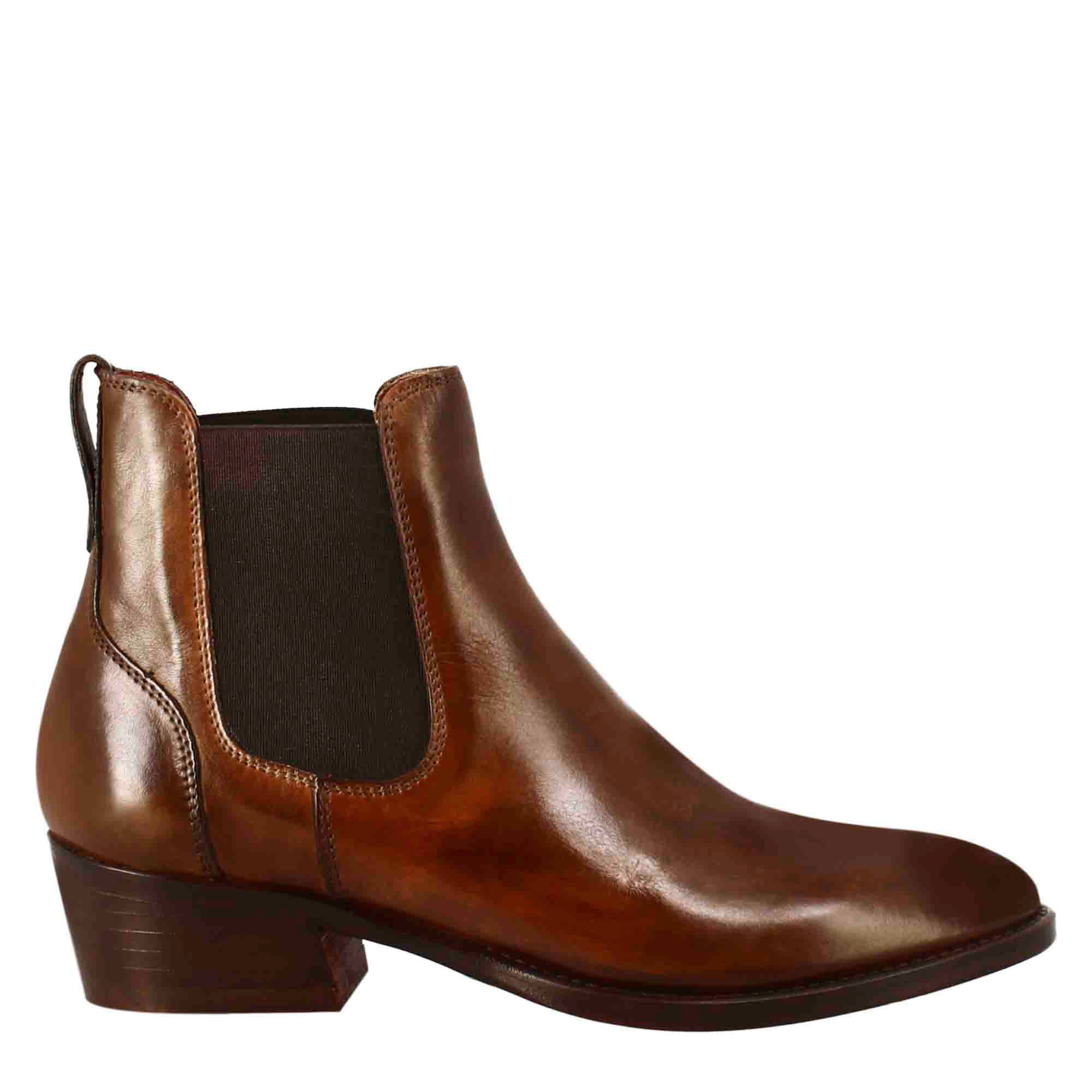Leonardo Shoes Stivali Donna Chelsea Pelle Marrone Tacco Medio