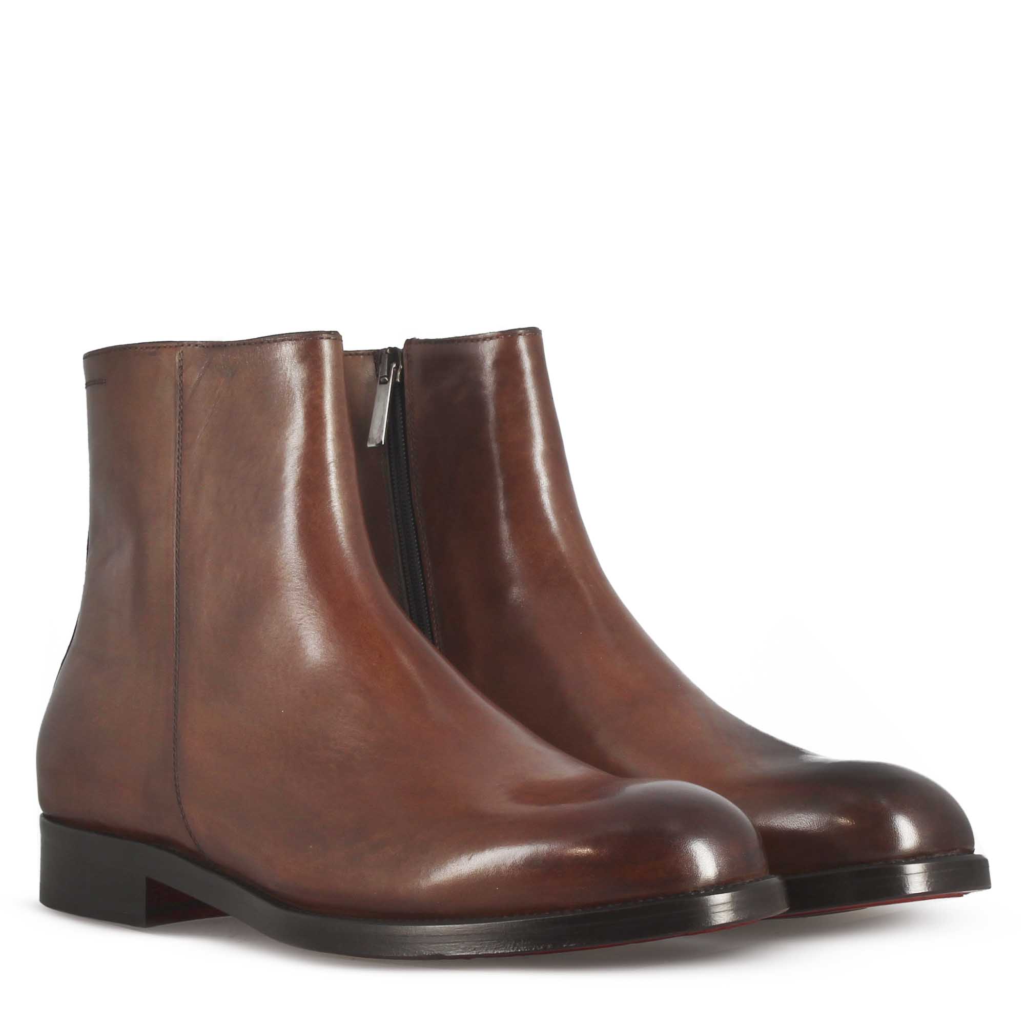 Leonardo Shoes Stivaletti Uomo pelle marrone con cerniera