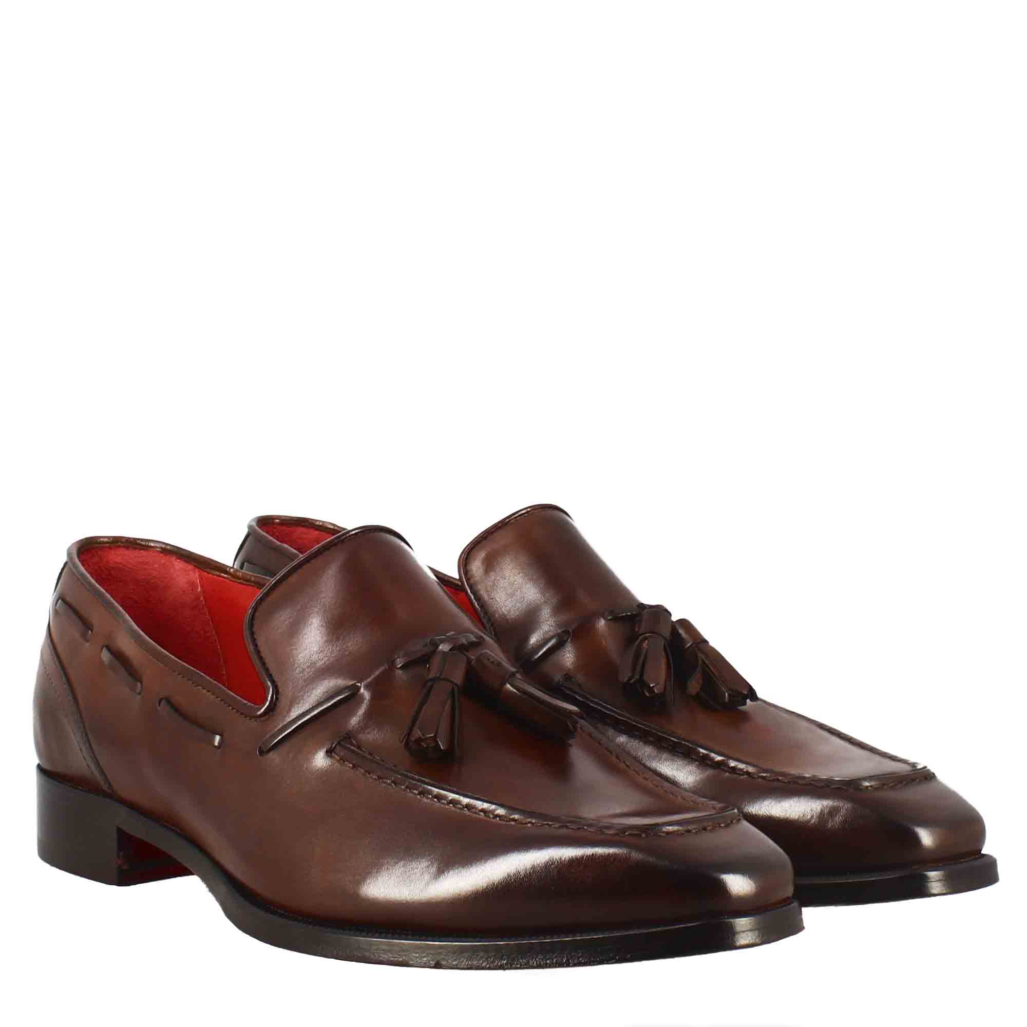 Leonardo Shoes Mocassini Uomo Nappine Marrone Pelle Punta Squadrata