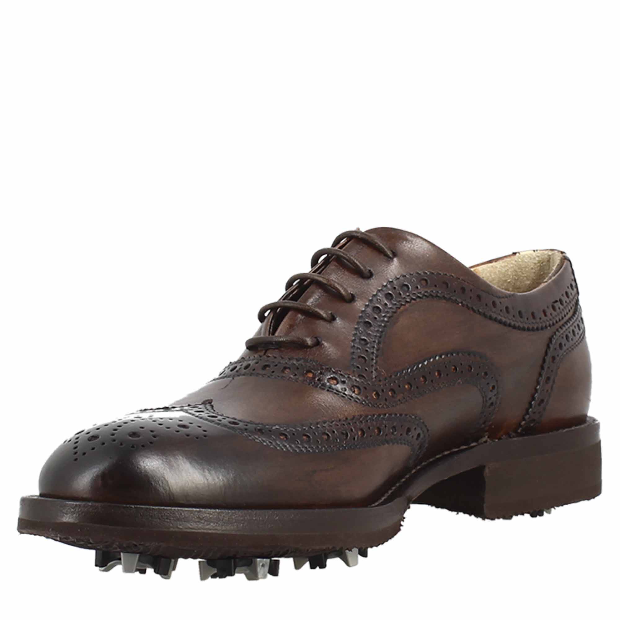 Leonardo Shoes Golf Calzature scarpe da golf marrone brogue pelle