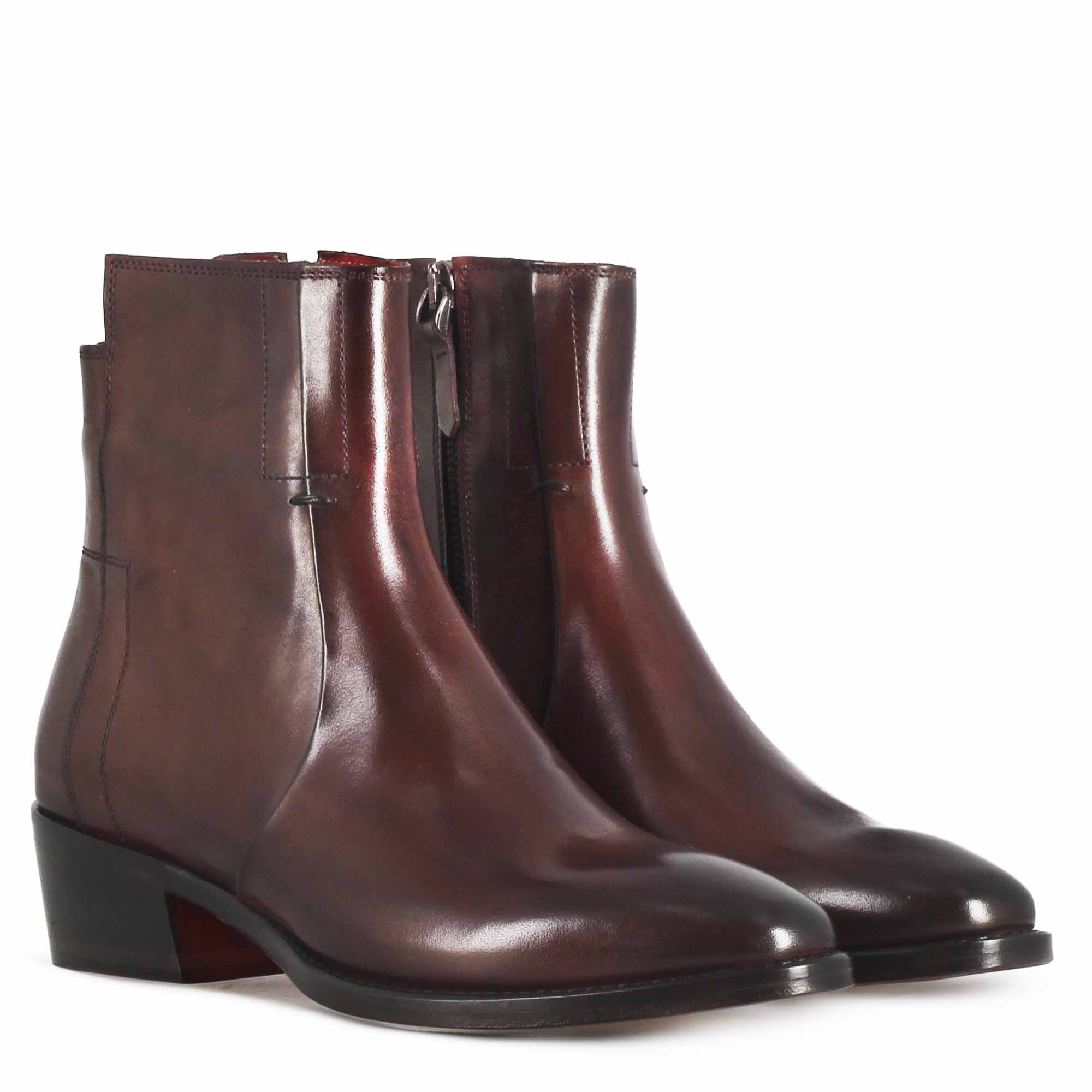 Leonardo Shoes Stivali Donna Texano Stivaletto Pelle Bordeaux Tacco 4