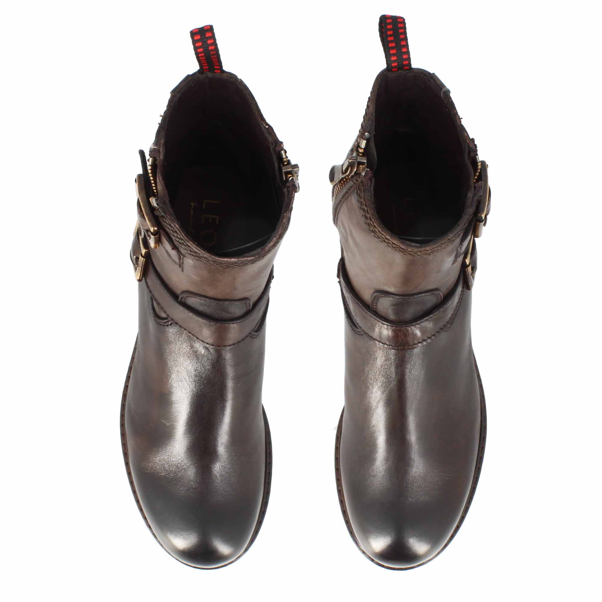 Leonardo Shoes stivaletto donna pelle marrone doppia fibbia