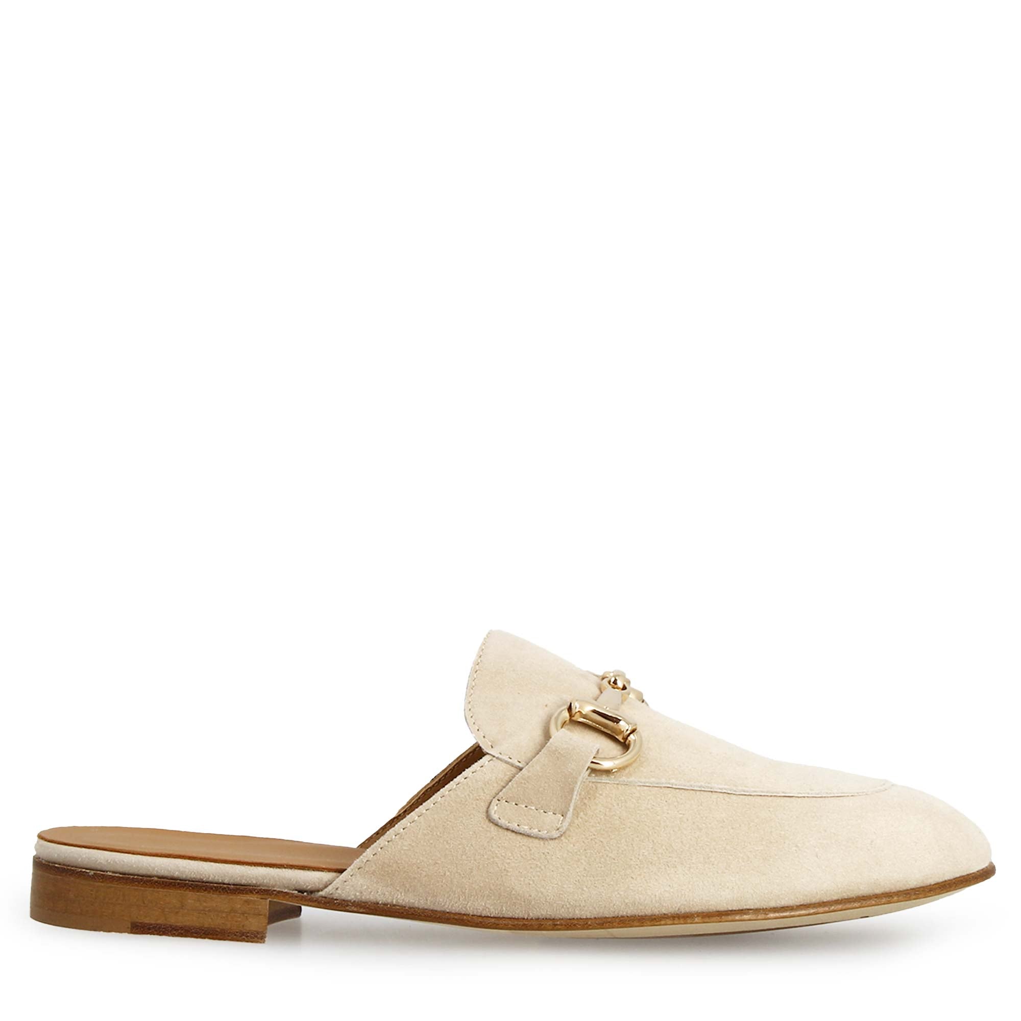 Leonardo Shoes Mules Donna sabot beige camoscio fibbia oro