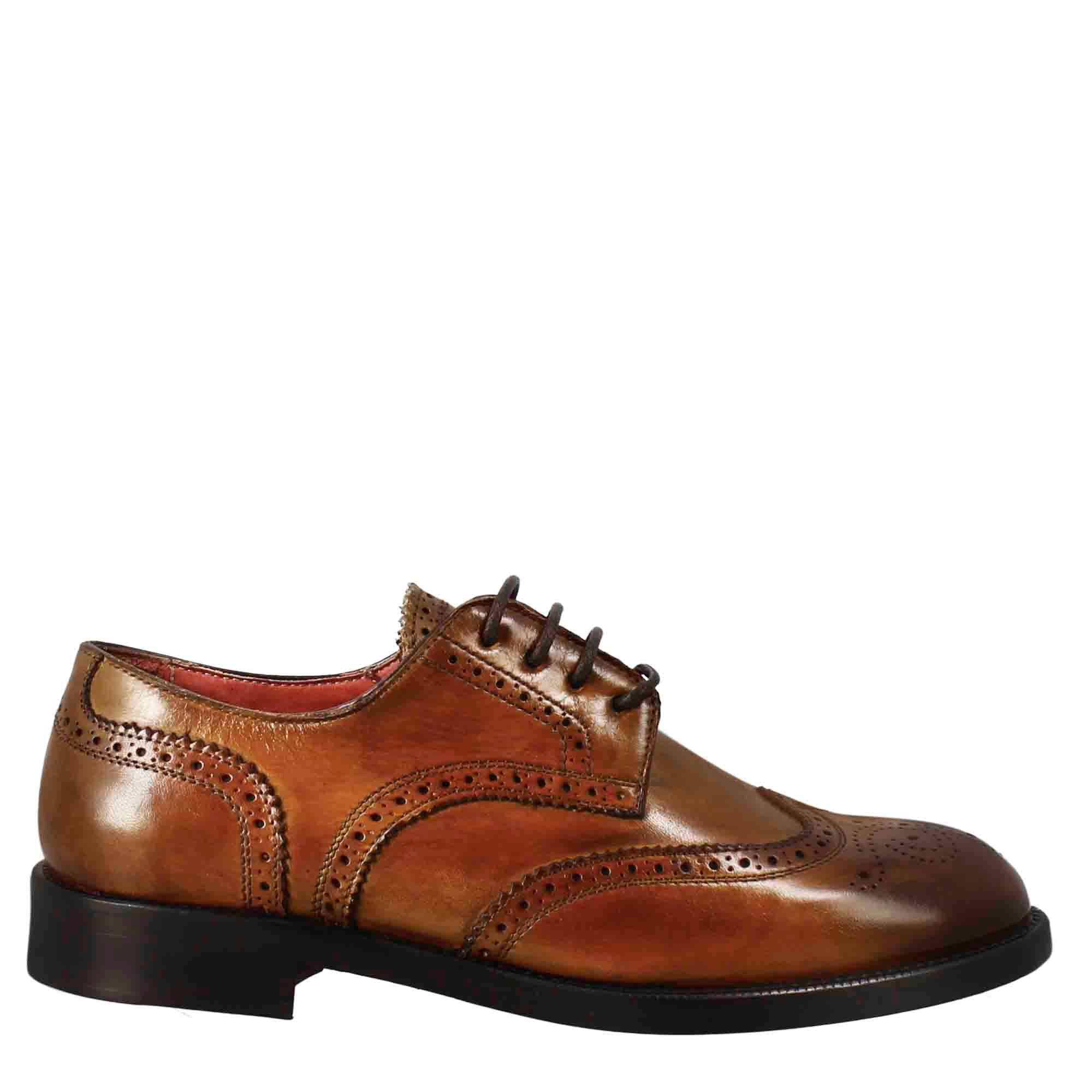 Leonardo Shoes Derby Brogue Donna Pelle Marrone Chiaro Stringate