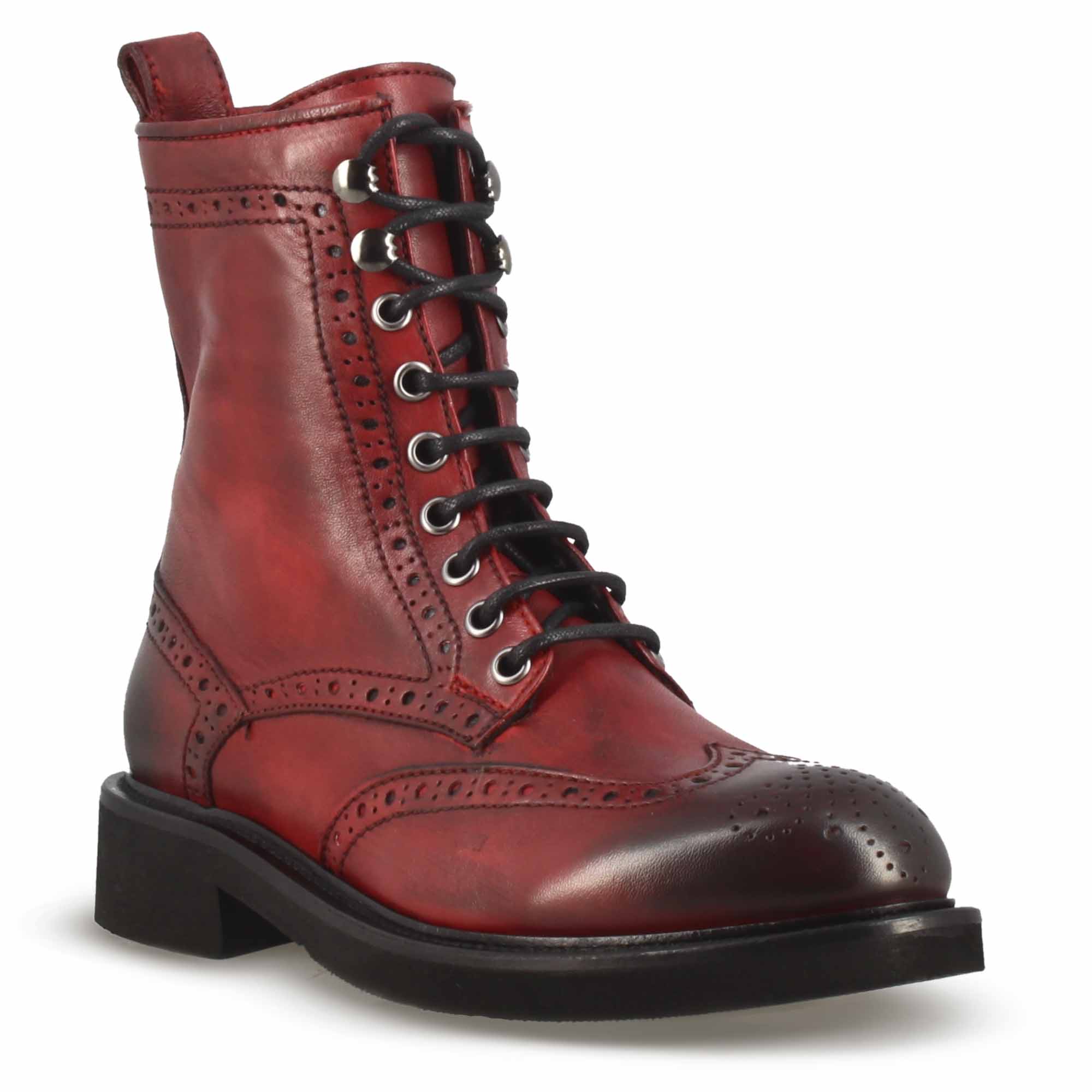 Leonardo Shoes Anfibio Stivali Donna Rosso Pelle Brogue Lacci