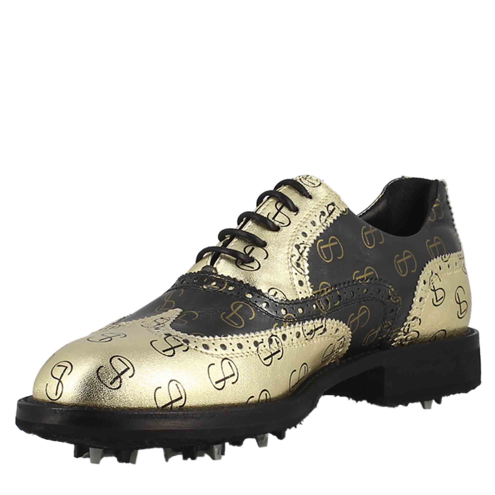 Leonardo Shoes Golf Calzature scarpe da golf nero oro pelle