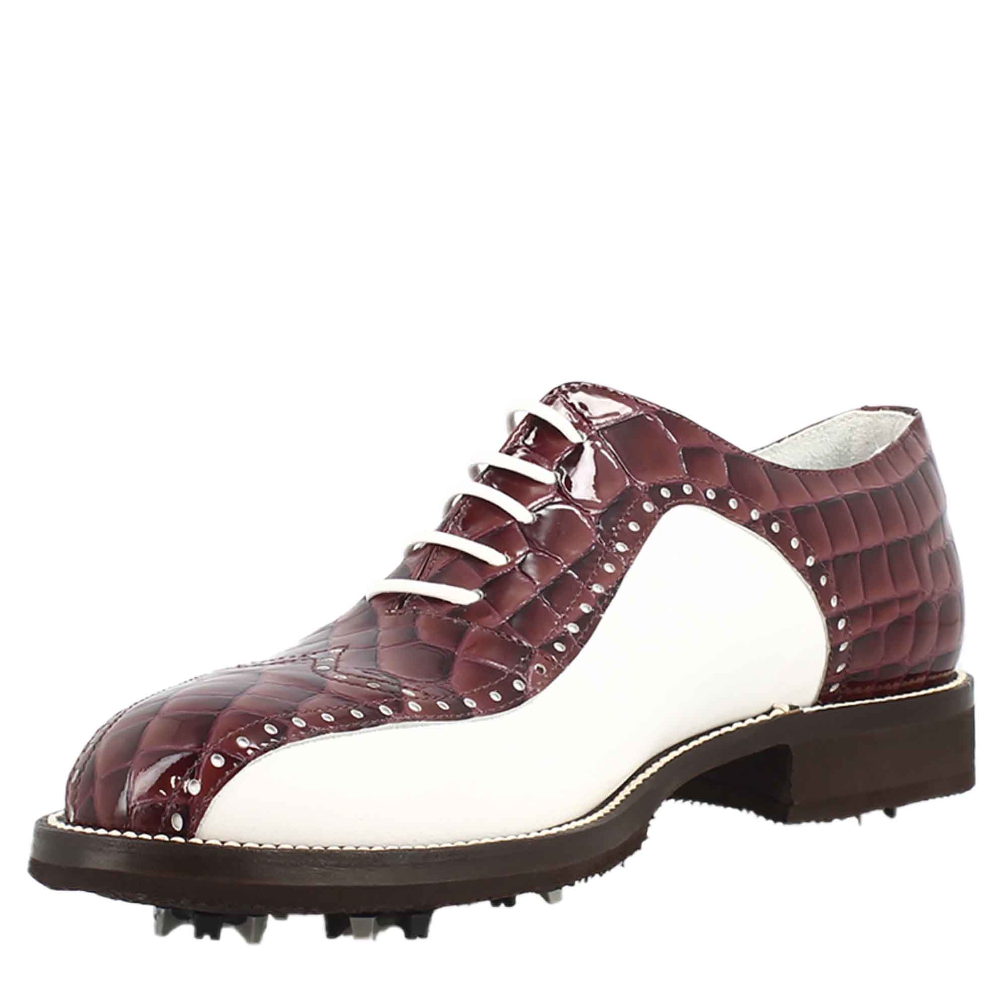 Leonardo Golf Scarpe da Golf Pelle Bianco Bordeaux Cocco