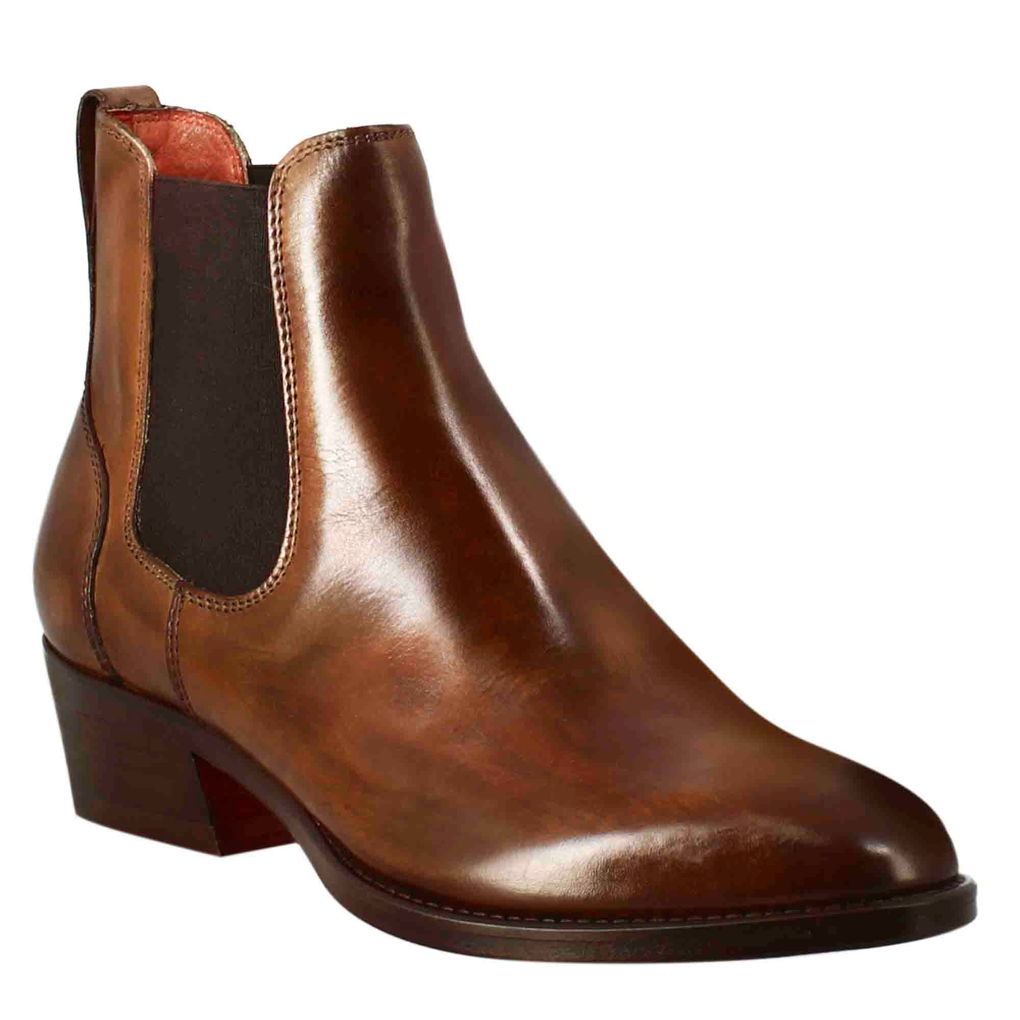 Leonardo Shoes Stivali Donna Chelsea Pelle Marrone Tacco Medio