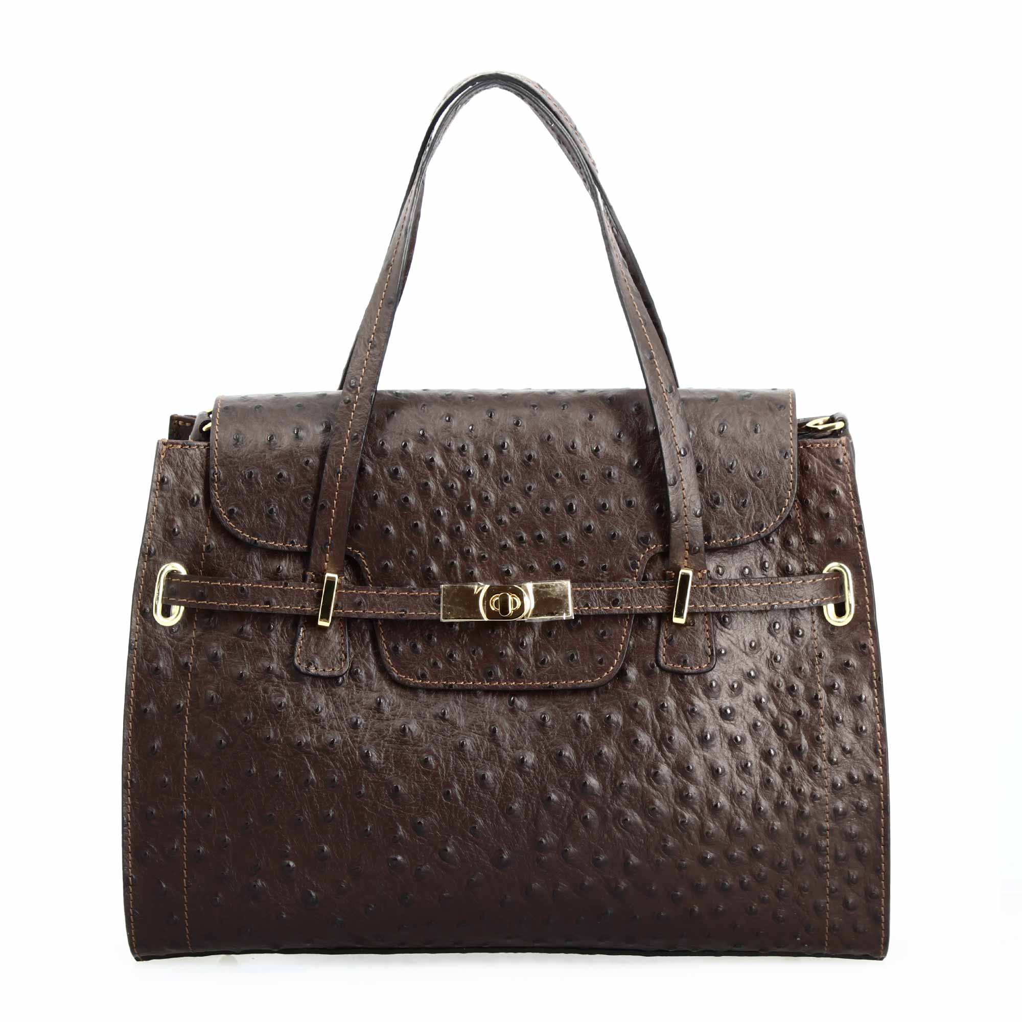 Leonardo Shoes Borsa Mano Pelle Marrone Scuro Struzzo Grande