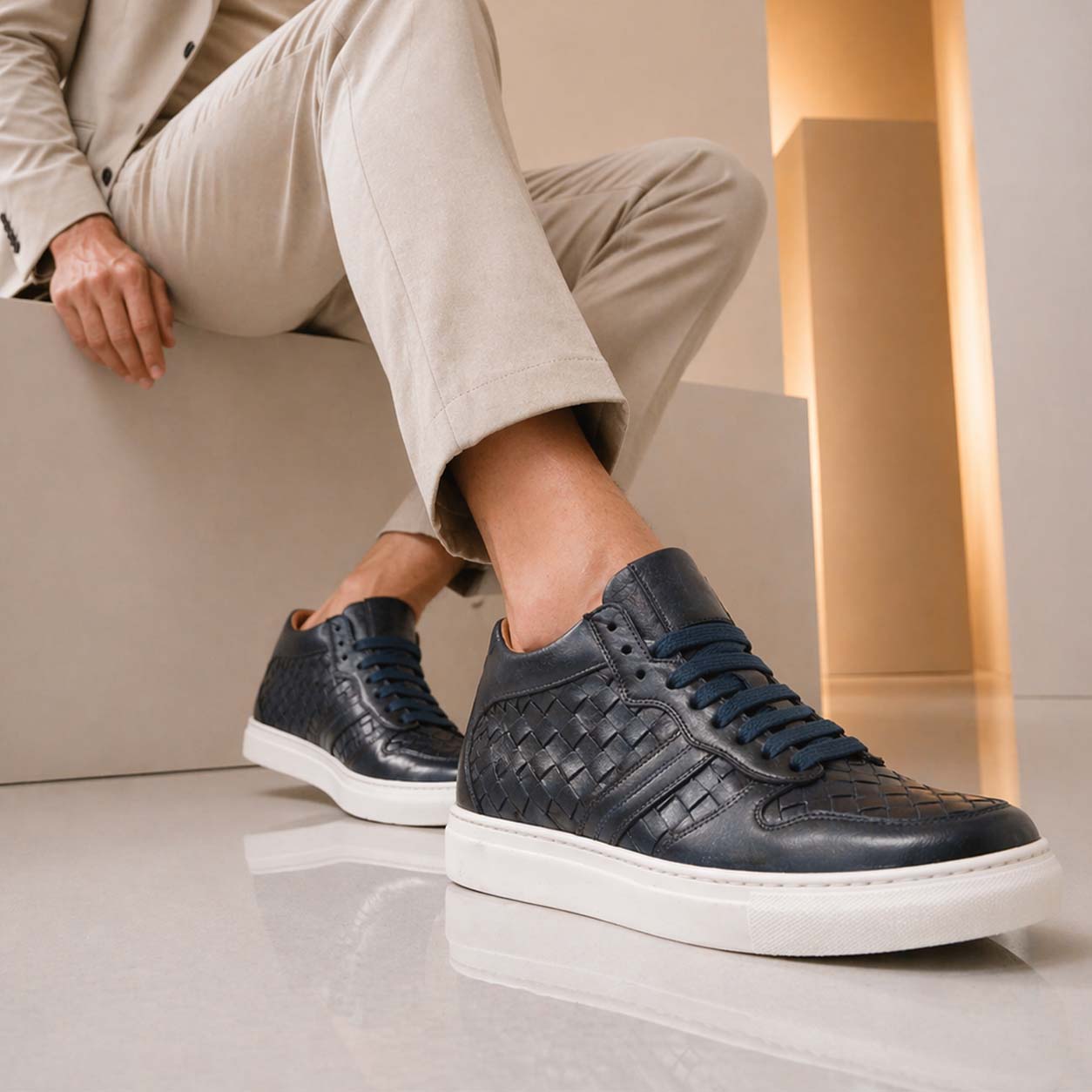 Leonardo Domizio sneakers alte uomo pelle blu intrecciata