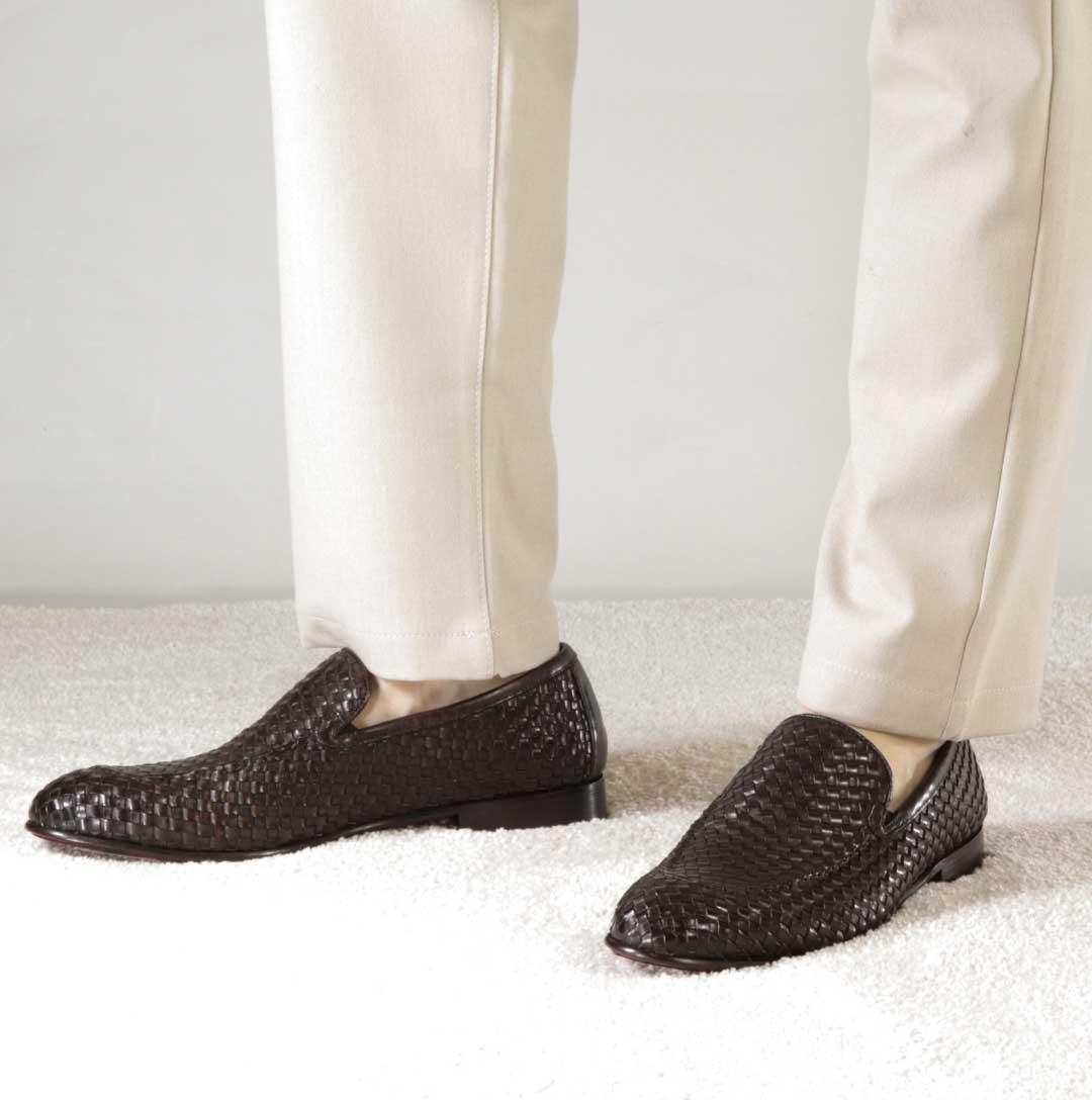 Leonardo Shoes Mocassini Uomo pelle intrecciata marrone scuro