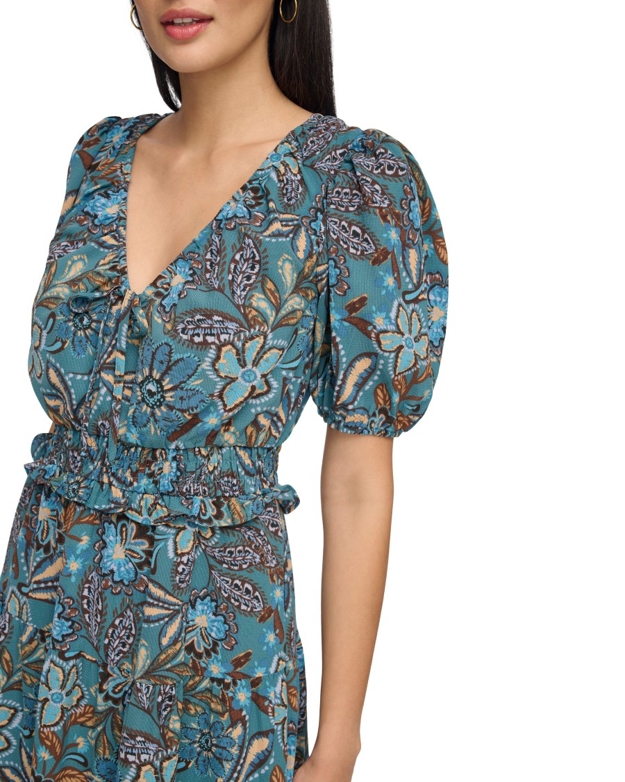 Vince Camuto Abito Midi Vita Alta Maniche Sbuffo Donna