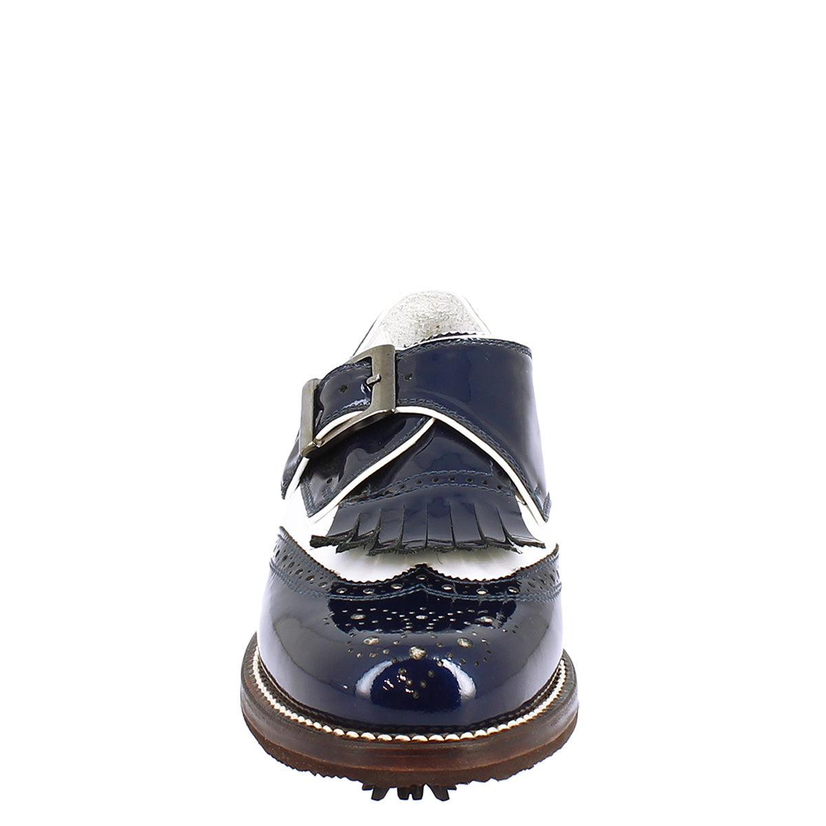 Leonardo Shoes Golf fibbia pelle bianco blu Softspike donna uomo