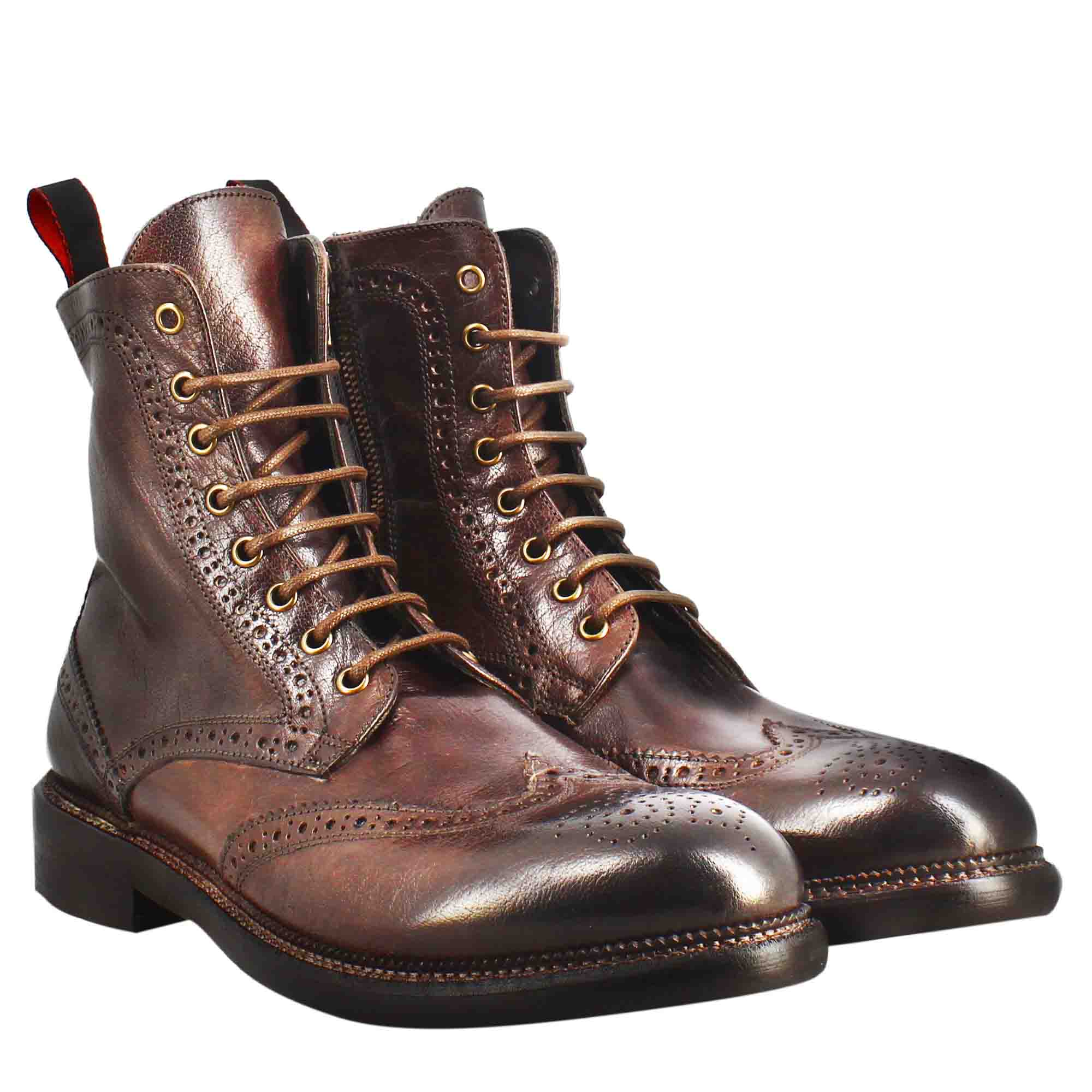 Leonardo Shoes Stivaletti uomo anfibi pelle bronzata lacci