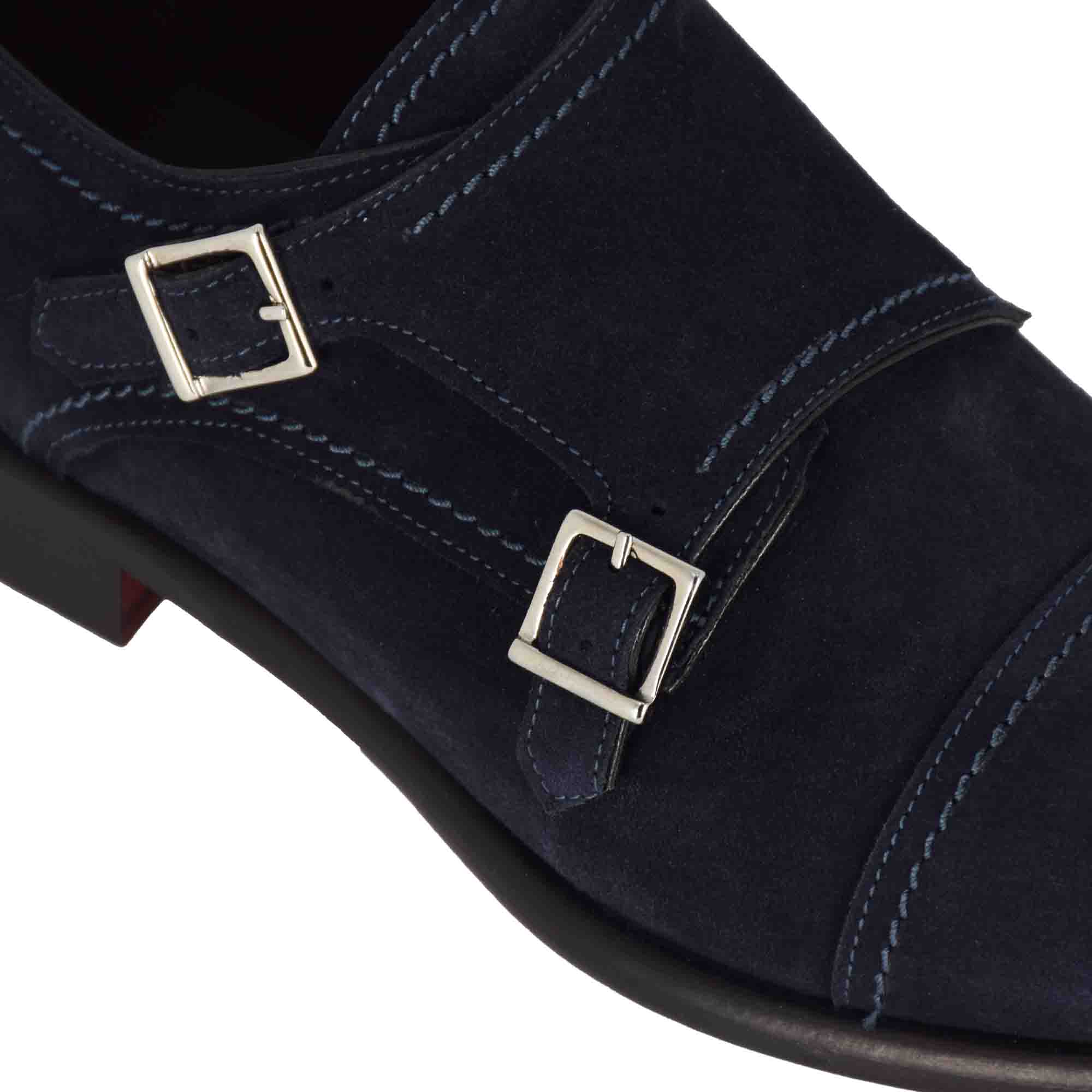 Leonardo Shoes Francesine Uomo scarpe doppia fibbia blu camoscio