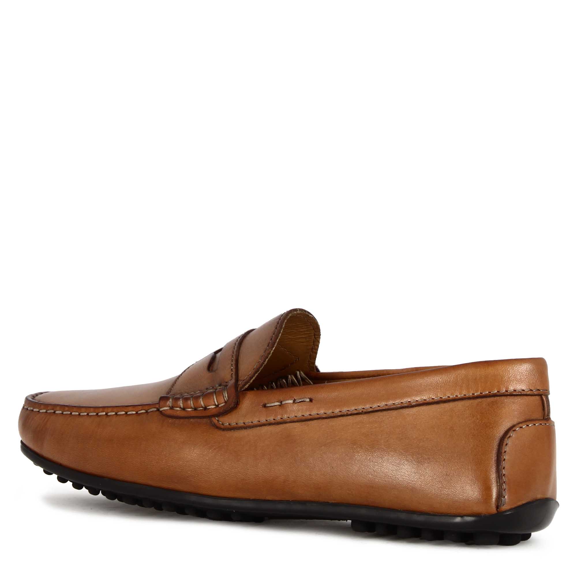 Leonardo Shoes Mocassini Uomo Pelle Marrone Suola Gomma Casual