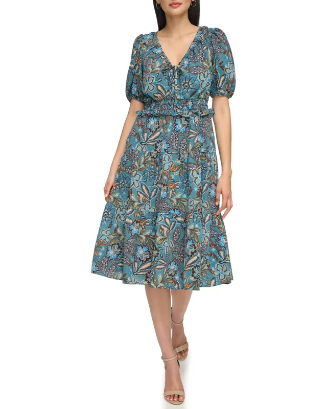 Vince Camuto Abito Midi Vita Alta Maniche Sbuffo Donna