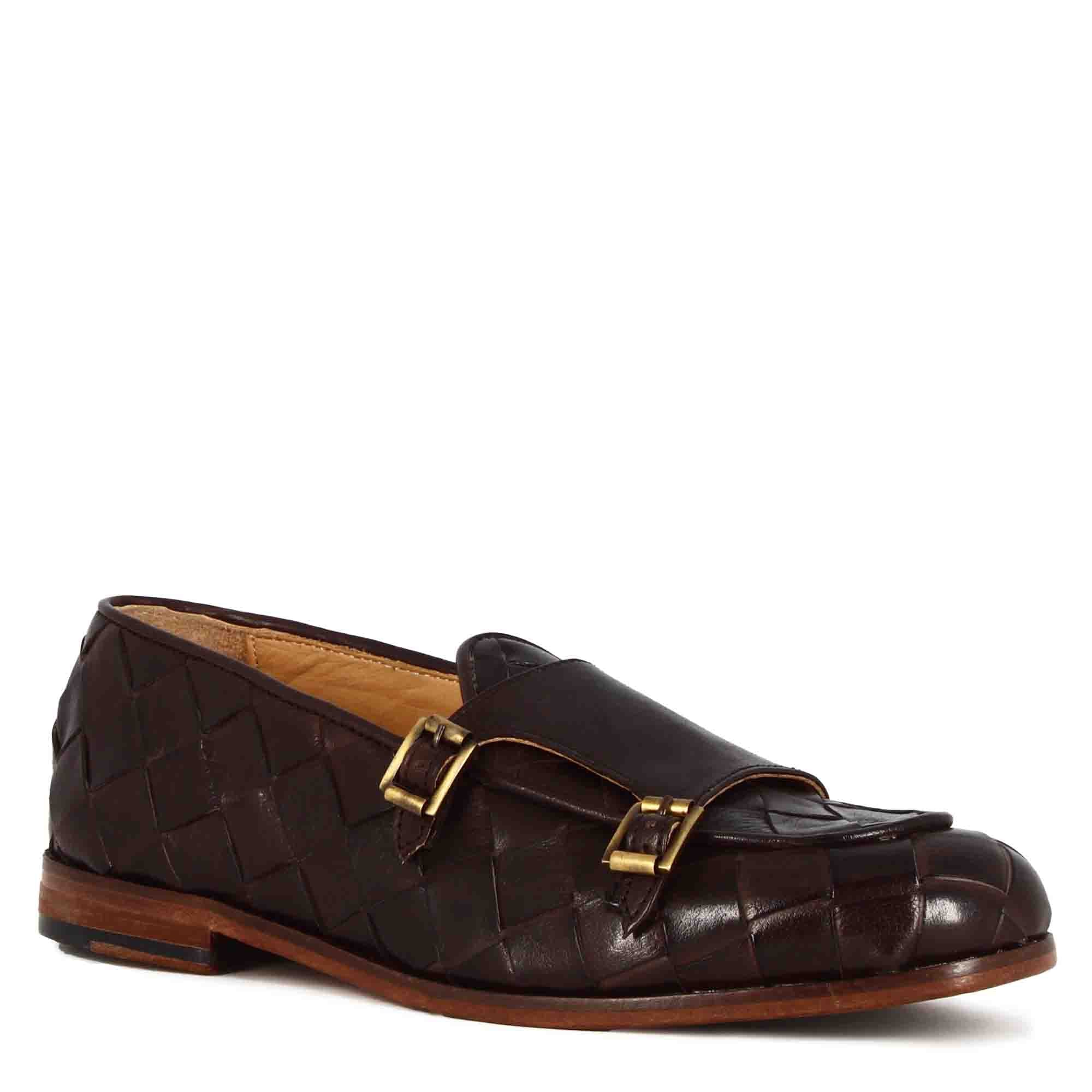 Leonardo Shoes mocassini uomo pelle marrone doppia fibbia