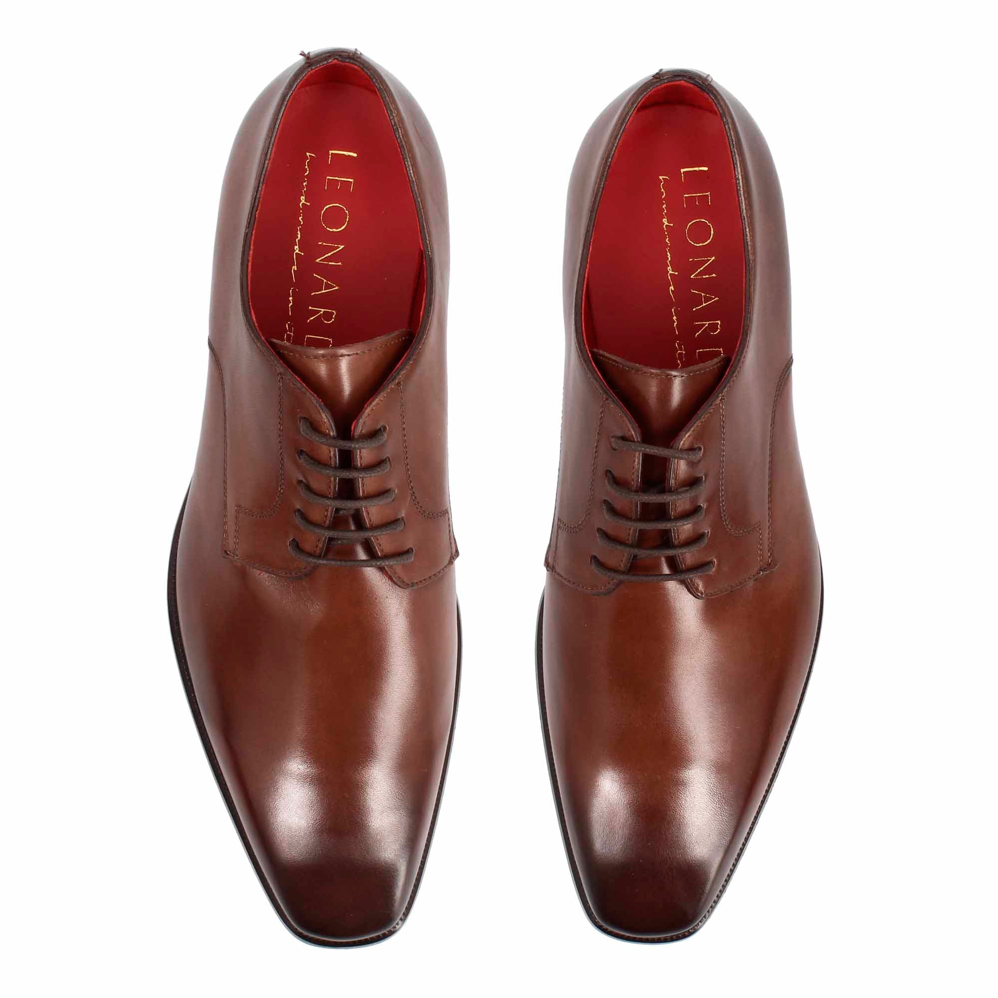 Leonardo Shoes Francesine Uomo Derby Pelle Marrone Punta Squadrata