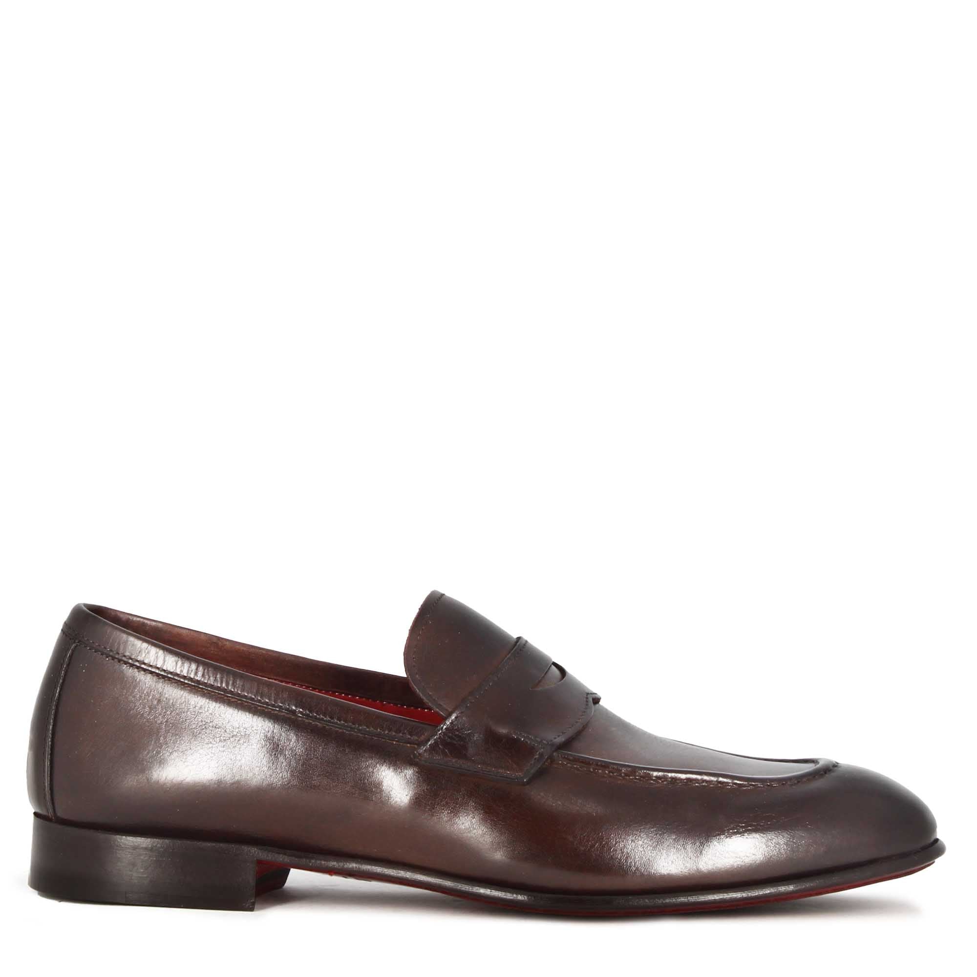 Leonardo Shoes Mocassino Uomo Pelle Marrone Scuro Suola Cuoio