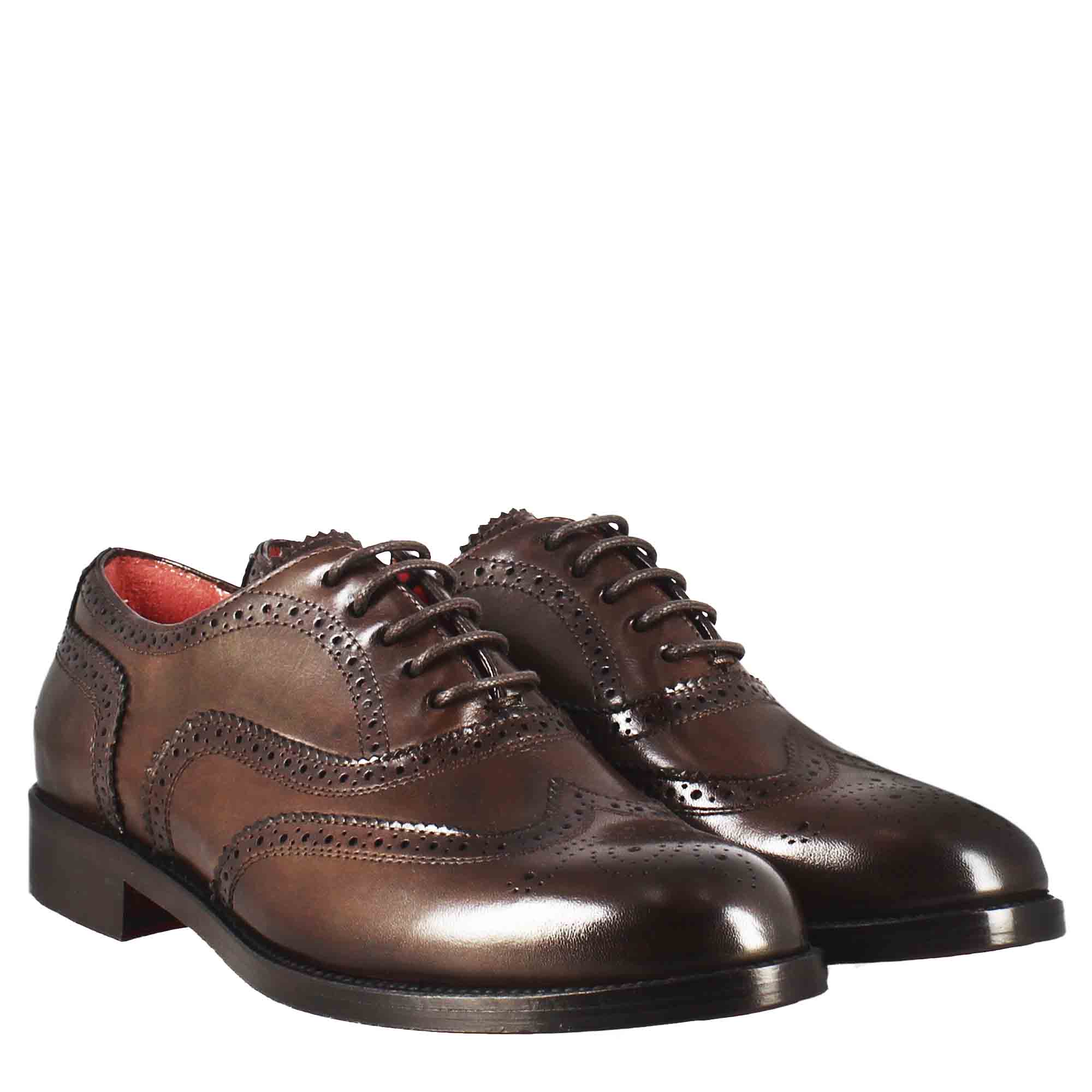 Leonardo Shoes Francesina Donna Brogue Marrone Scuro Lacci