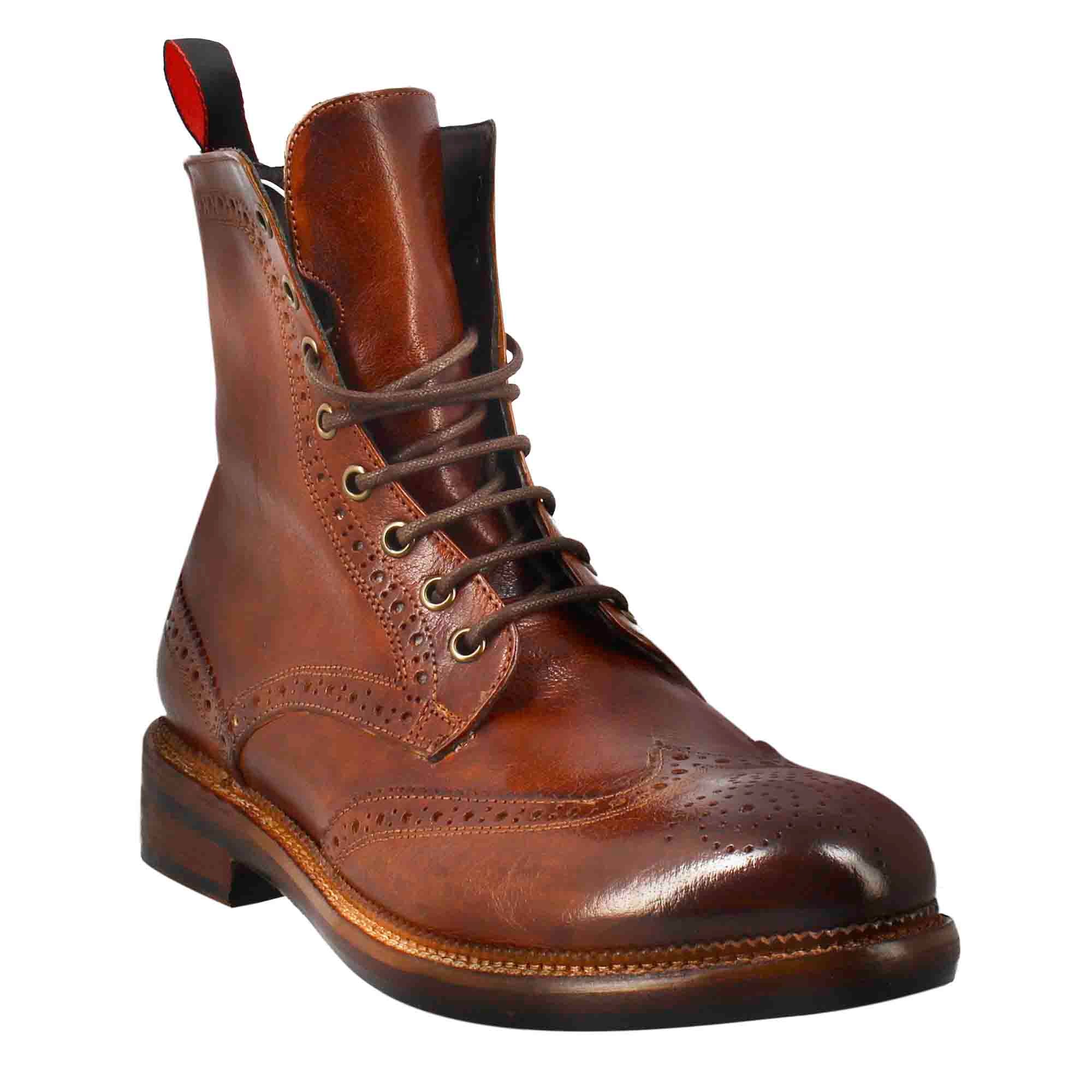 Leonardo Shoes Stivaletti Uomo anfibi brogue cuoio scuro