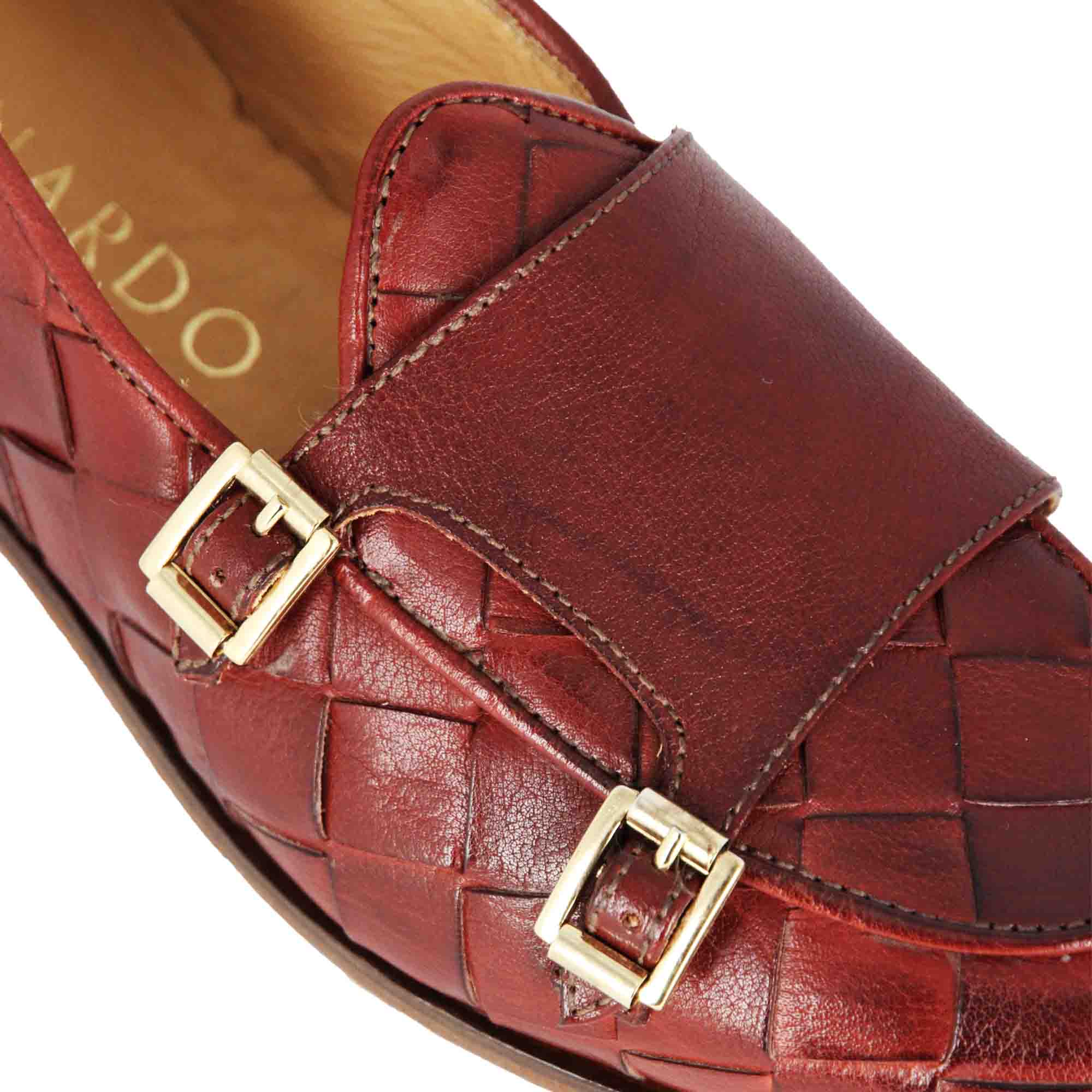 Leonardo Shoes BF-30 mocassini uomo bordeaux intrecciati fibbia