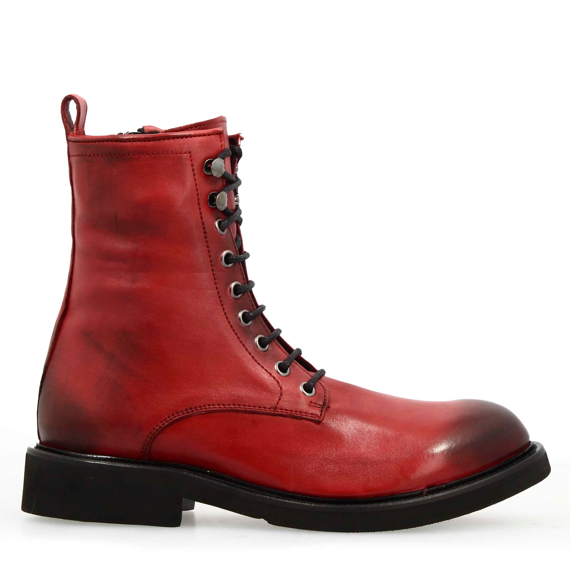 Leonardo Shoes Stivali Donna Anfibio Pelle Rosso Lacci Zip Gomma