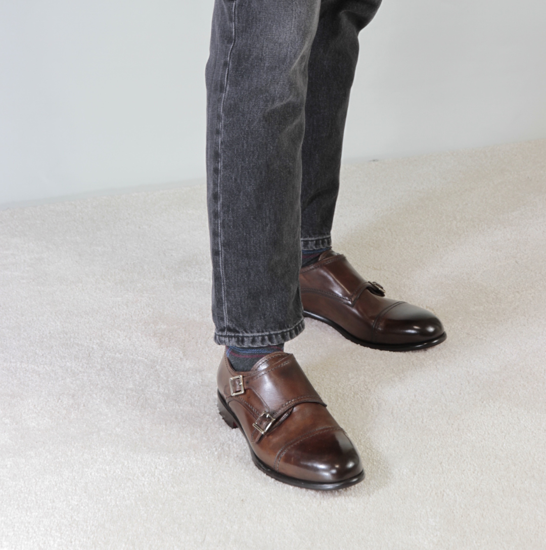 Leonardo Shoes francesine uomo doppia fibbia marrone