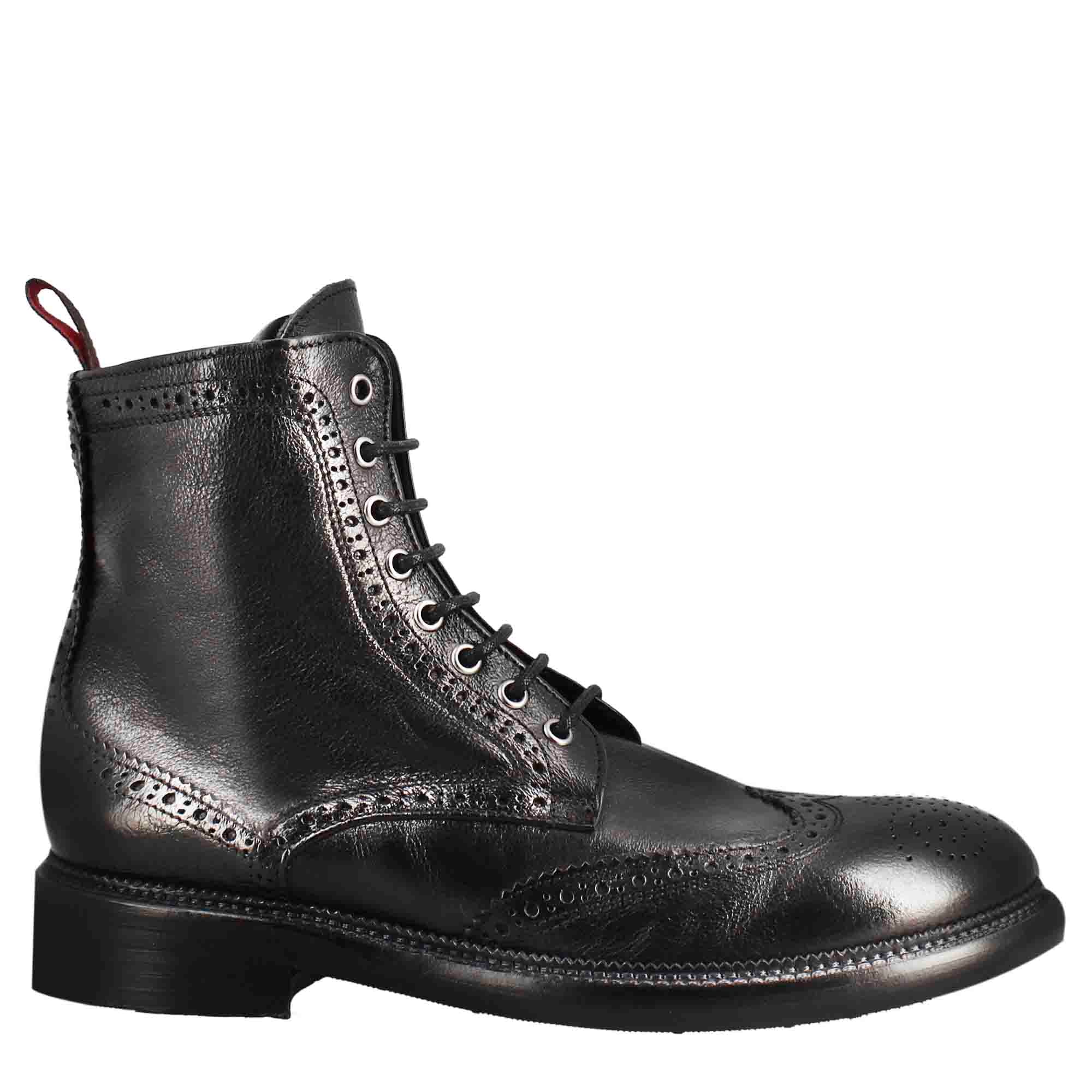 Leonardo Shoes Stivaletti Uomo Anfibi Candy Pelle Nero Brogue