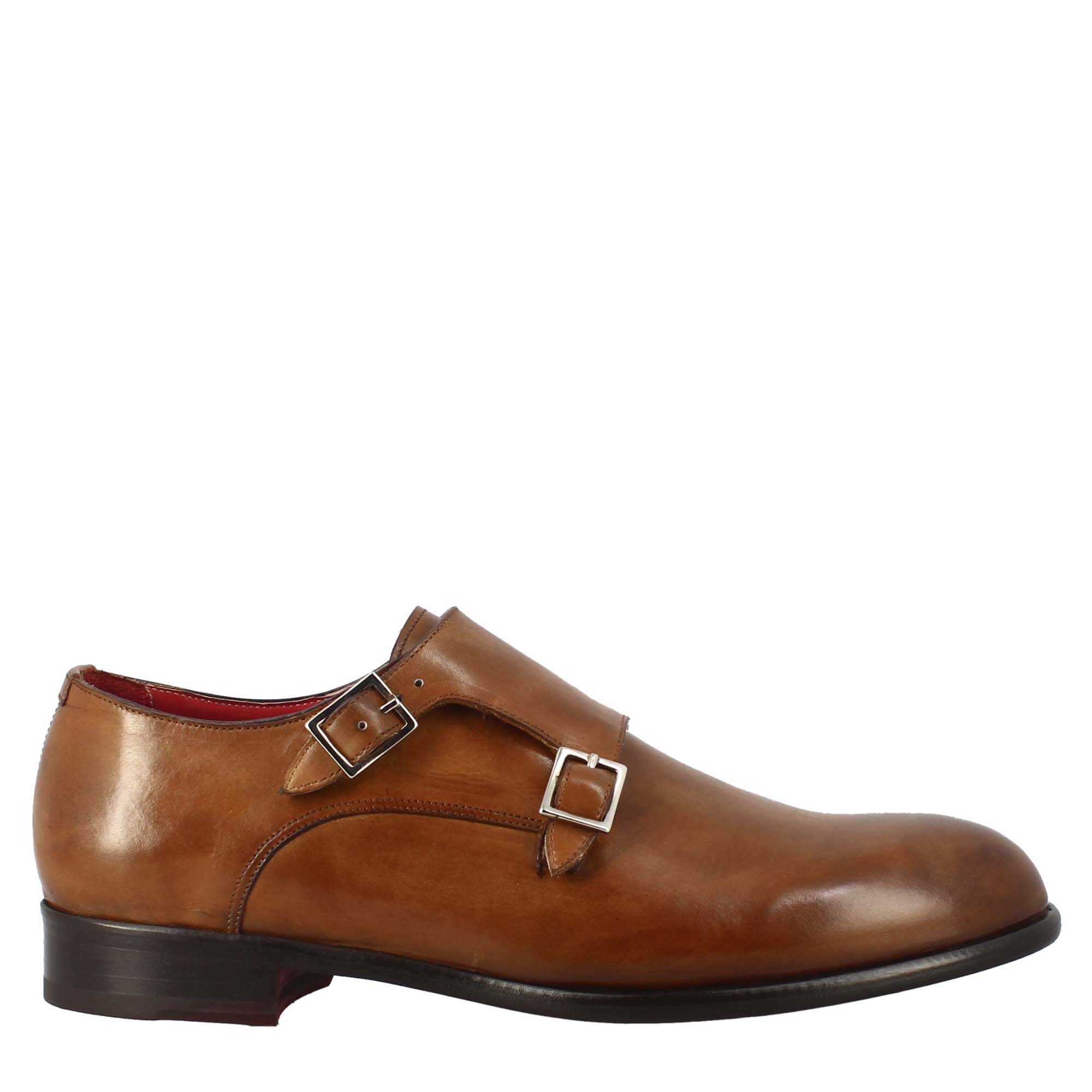 Leonardo Shoes Francesine Uomo doppia fibbia pelle marrone