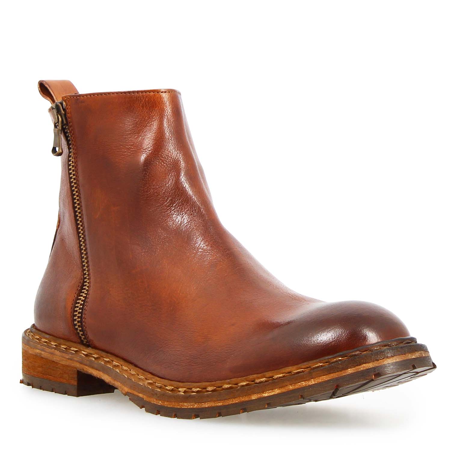 Leonardo Shoes Stivaletti Uomo Enea Marrone zip concia vegetale