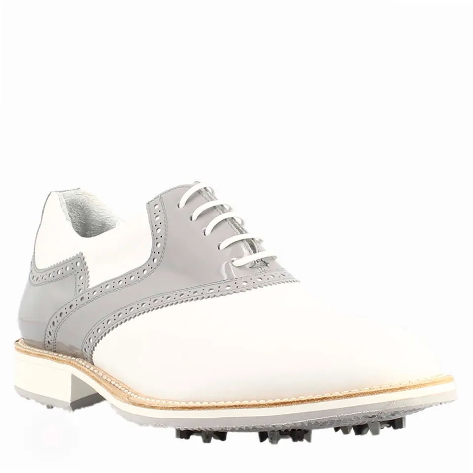 Leonardo Shoes Golf Scarpe da Golf Pelle Bianco Grigio Tacchetti